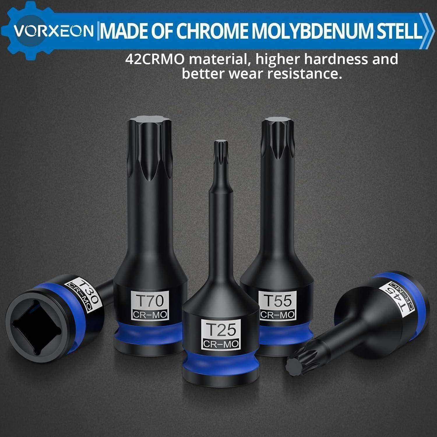 Ein Satz von fünf schwarzen Vorxeon-Drehmomentbits mit blauen Akzenten, beschriftet mit T70, T25, T55, T50 und T40. Text: 'Hergestellt aus Chrom-Molybdän-Stahl.