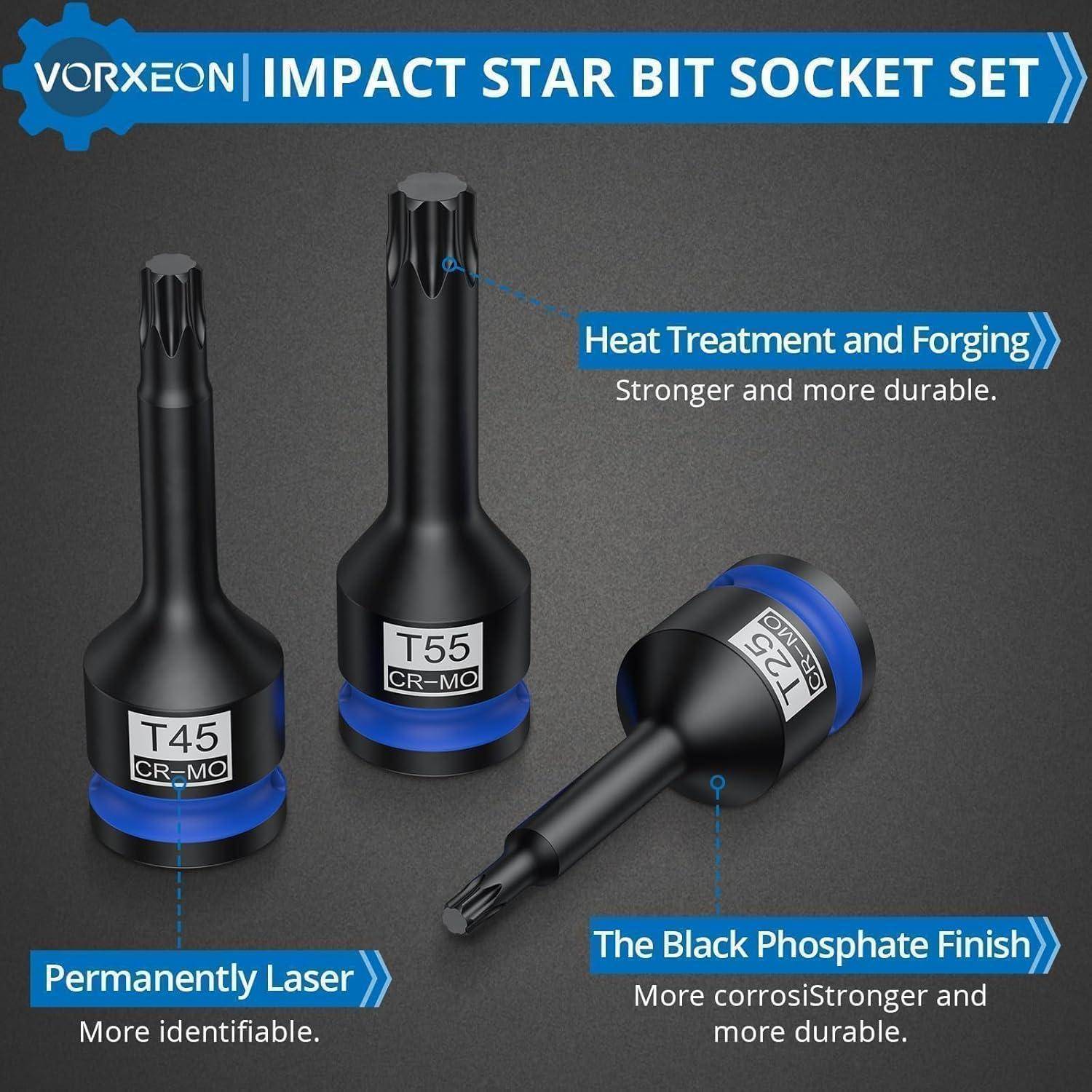 VORXEON Impact Star Bit-Satz mit T45, T55, T25 Bits, Wärmebehandlung, schwarzer Phosphatbeschichtung, erhöhter Haltbarkeit, Lasermarkierungen.