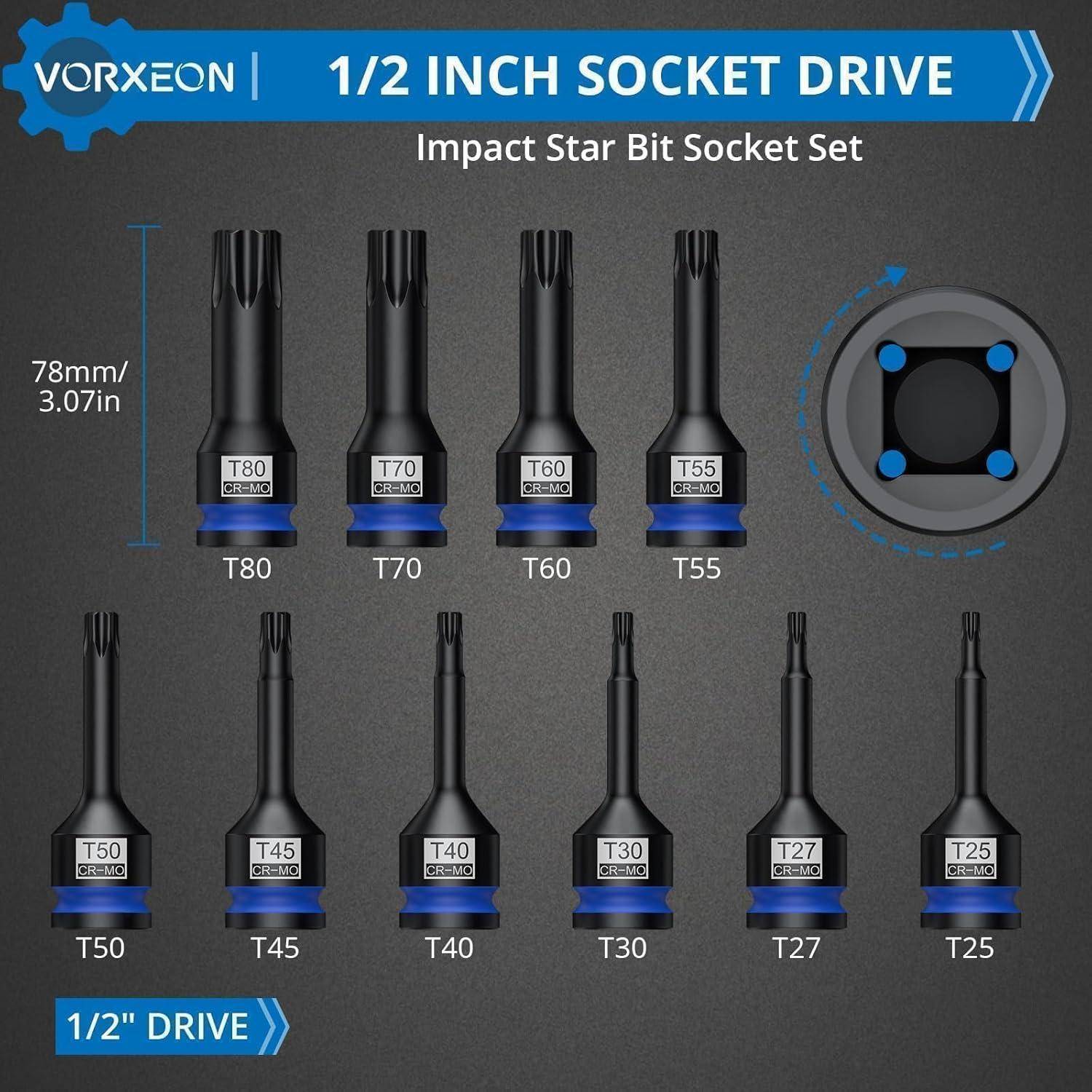 VORXEON 1/2 Zoll Steckschlüssel-Antrieb, Schlag-Stern-Bit-Satz, der zehn Steckschlüssel-Bits von T80 bis T25 mit einer Steckschlüssel-Diagramm zeigt.
