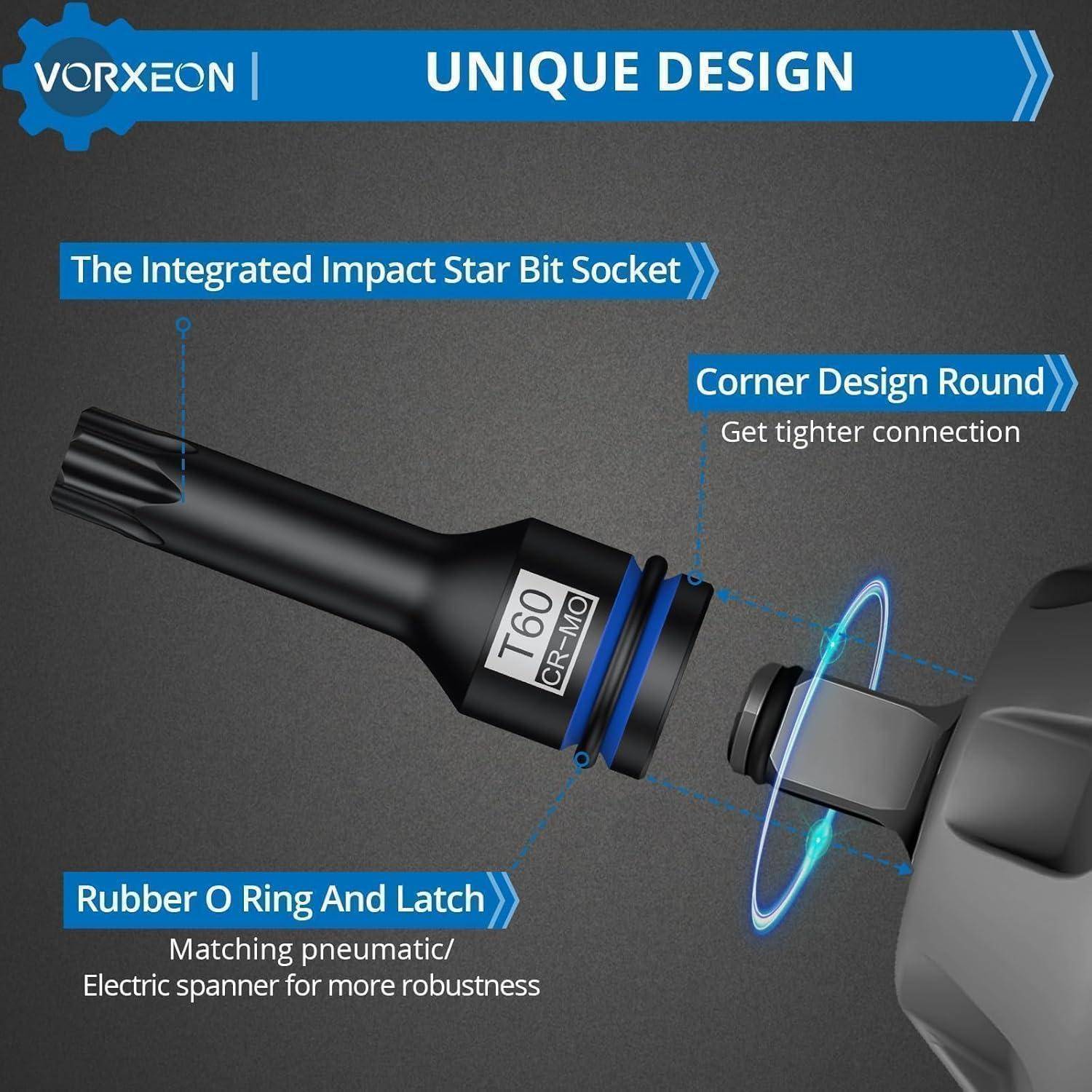 Vorxeon Einzigartiges Design': Integrierte Aufprallstern-Bitsockel, Eckdesign für feste Verbindung, Gummi-O-Ring und Verriegelung für Robustheit.