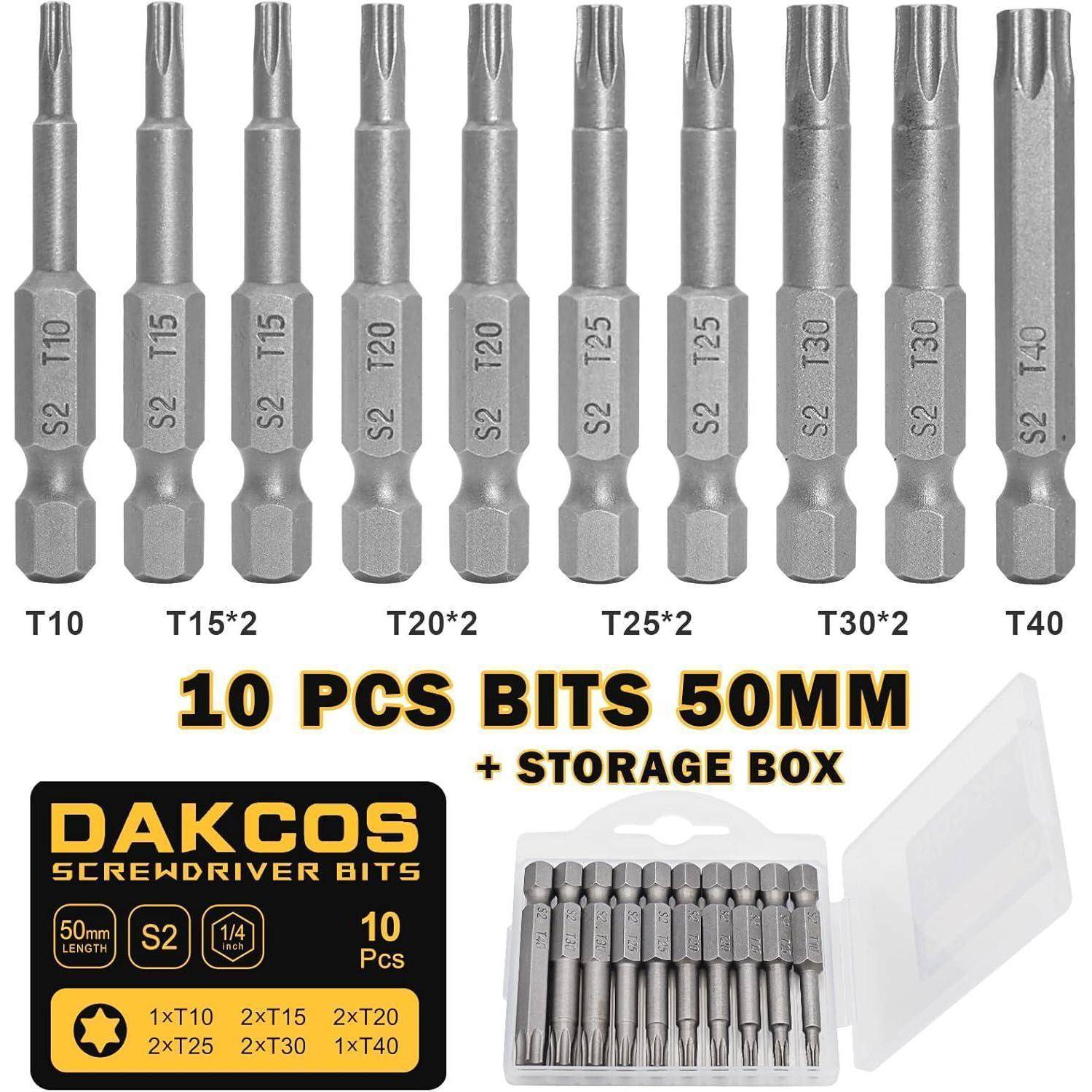 Torx Bit Set T10 T15 T20 T25 T30 T40 S2 50 mm 10 Stück Mix-Bit Box