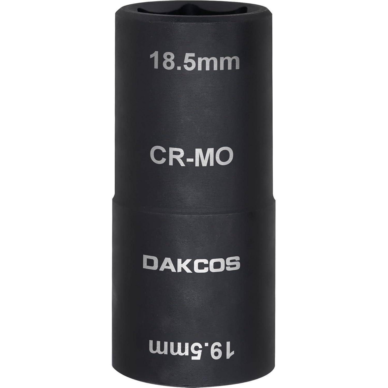 Buchse mit '18,5mm CR-MO' und '19,5mm DAKCOS' Markierungen, die eine Messung und Materialart angeben. Für Werkzeugverwendung konzipiert.