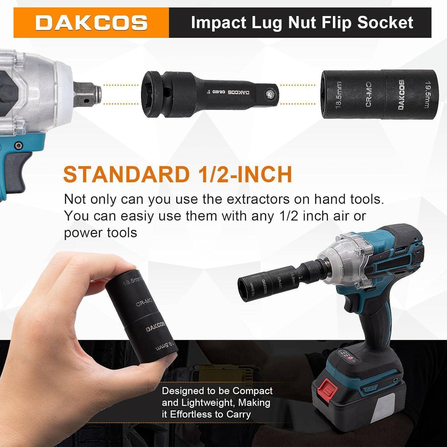 Dakcos Impact Lug Nut Flip Steckschlüssel' mit Steckschlüsseln in 1/2-Zoll-Größe. Kompatibel mit Hand- und Elektrowerkzeugen, entwickelt für kompakten und leichten Einsatz.
