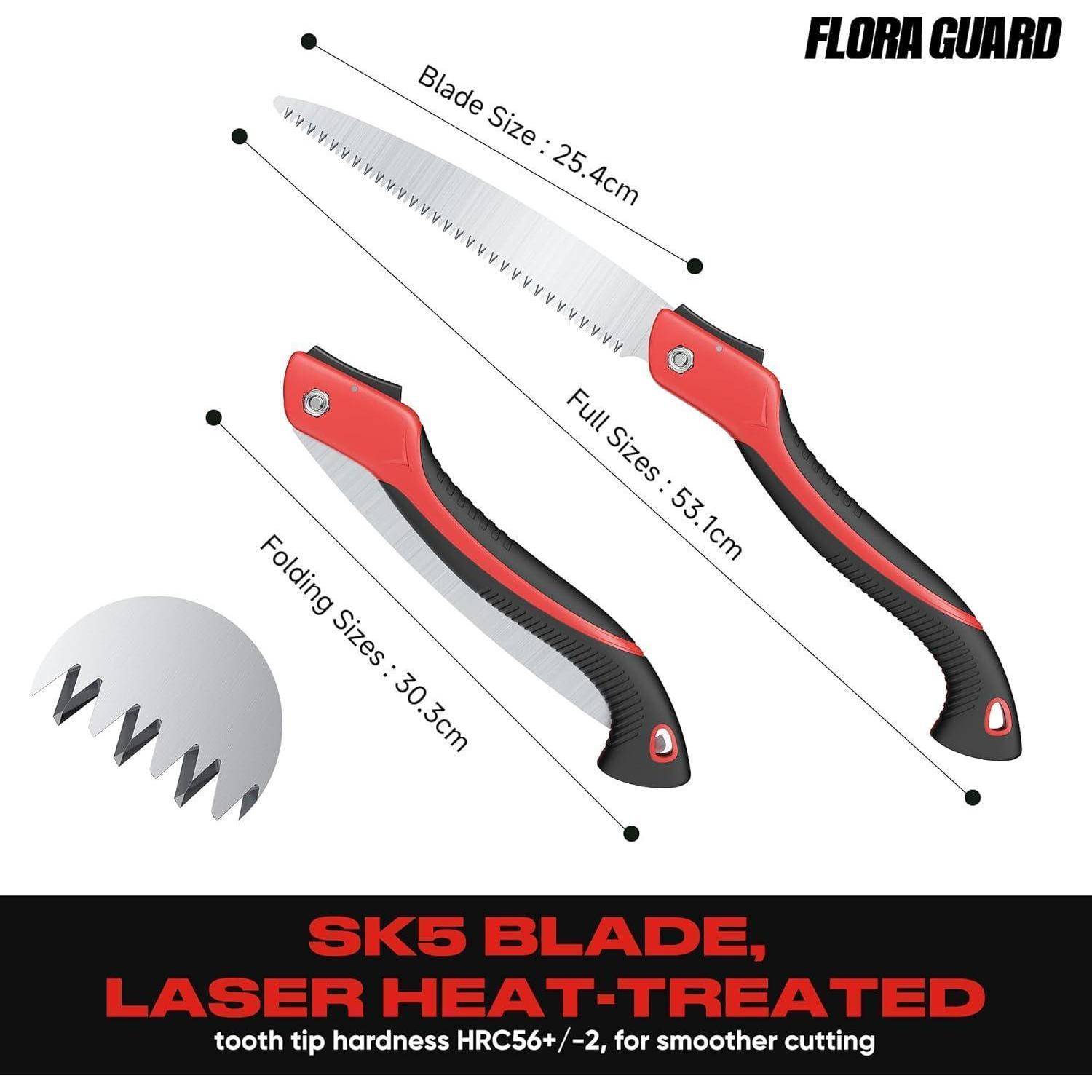 Flora Guard Klappsäge mit SK5-Klinge, laserwärmebehandelt, 25,4 cm Klingenlänge, 53,1 cm Gesamtgröße, 29,3 cm zusammengeklappt, für glattere Schnitte.