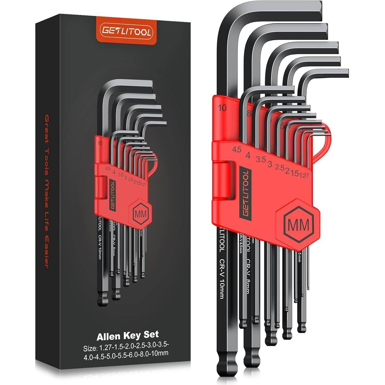 Innensechskantschlüssel-Set mit verschiedenen Größen von 1,27 bis 10 mm, neben seiner Verpackung ausgelegt. Die Schlüssel befinden sich in einem roten Halter mit der Aufschrift 