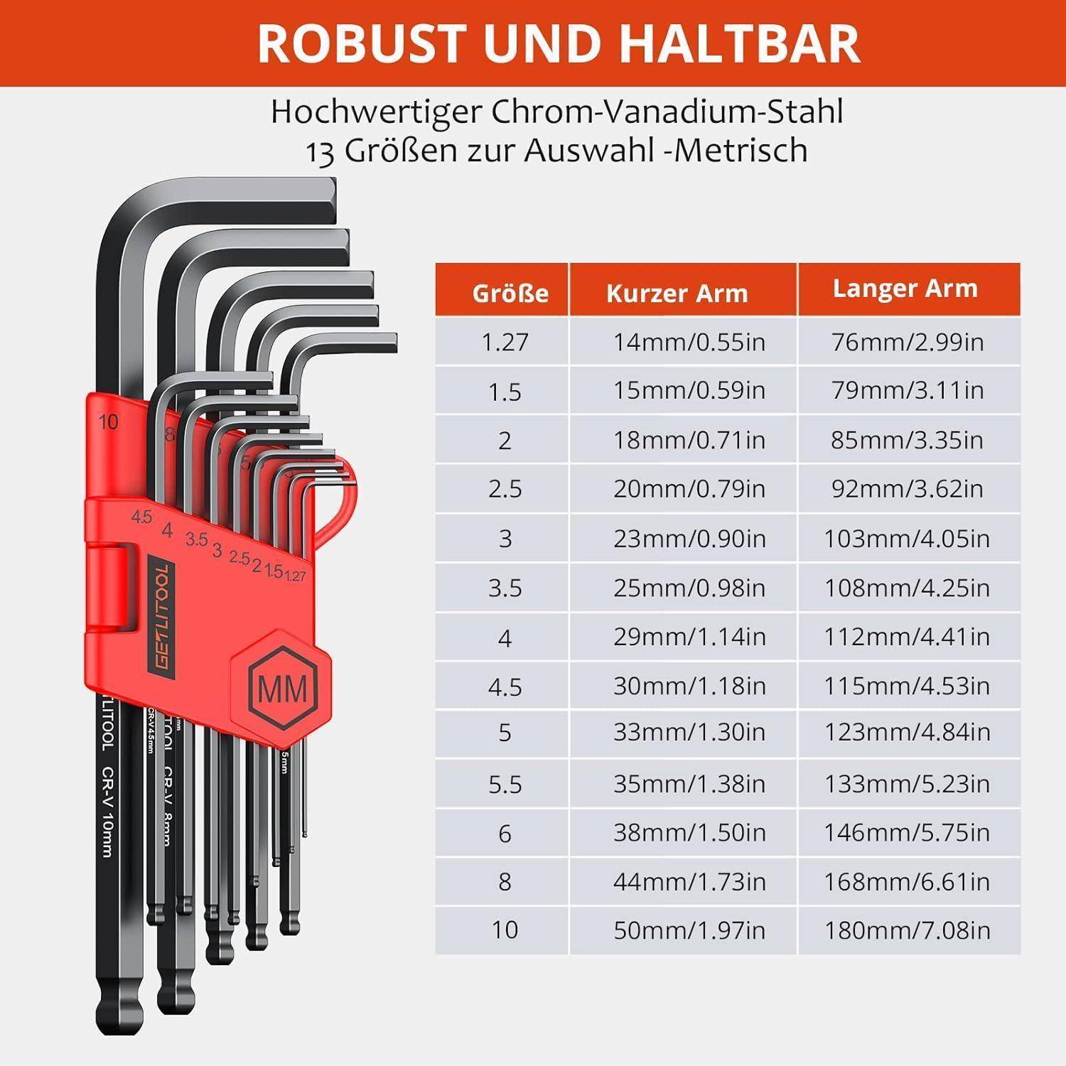 Robust und Haltbar' zeigt einen Satz L-förmiger Innensechskantschlüssel mit Größen von 1,27 bis 10 mm, wobei kurze und lange Armabmessungen dargestellt werden.
