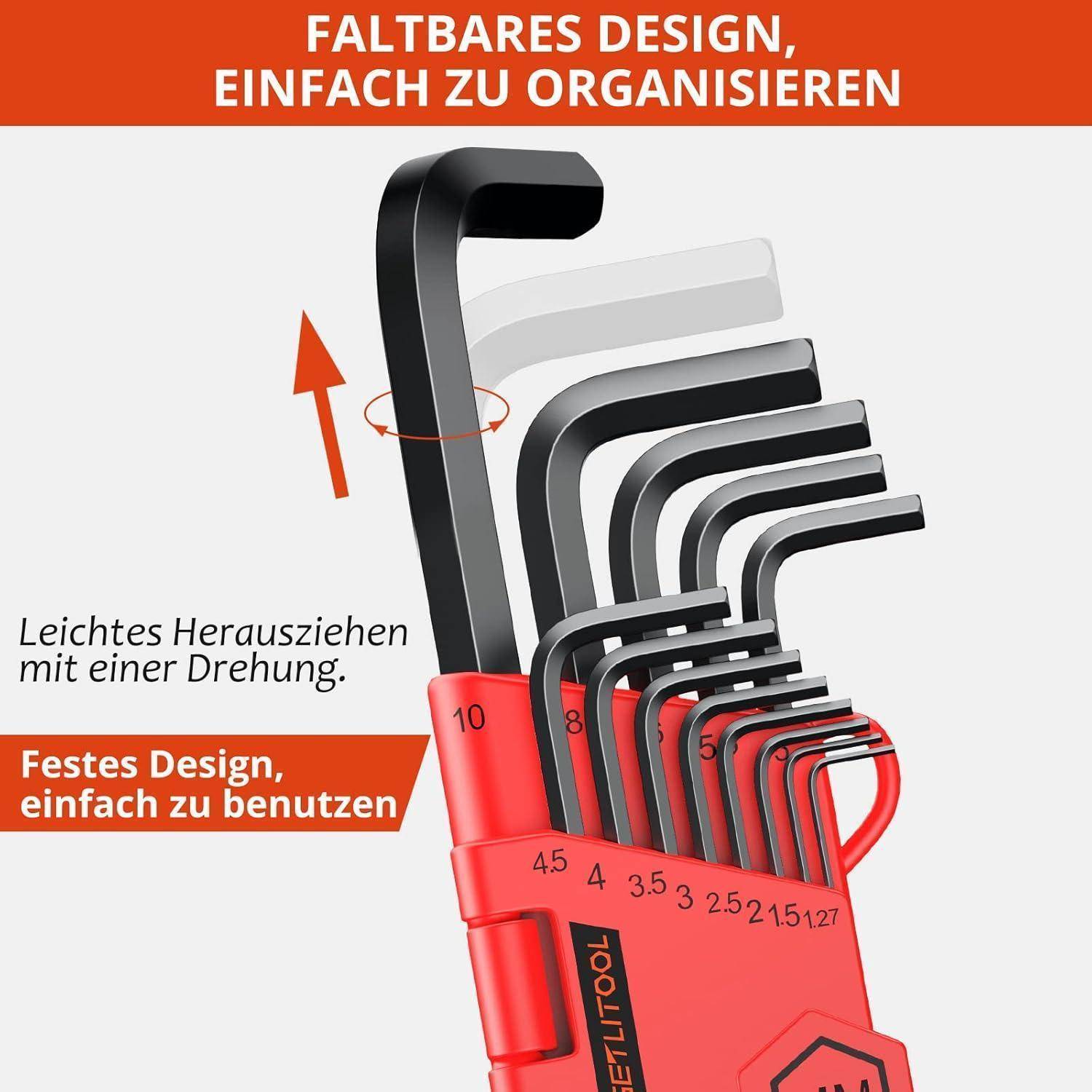 Bild eines Sechskantschlüsselsatzes, nach Größe in einem roten Halter sortiert. Ein schwarzer Sechskantschlüssel ist teilweise herausgezogen, mit dem Text 'Leichtes Herausziehen' und 'Festes Design, einfach zu benutzen', was eine leichte Handhabung und robuste Konstruktion andeutet.