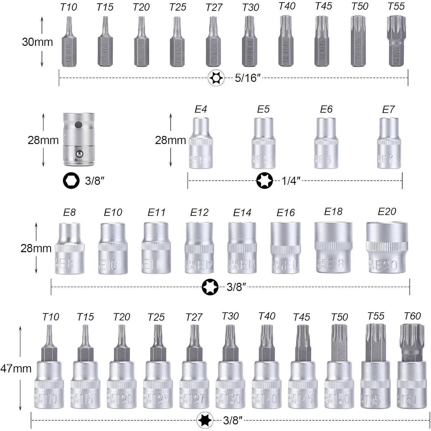 Torx-Bit-Steckschlüsselsatz; verschiedene Größen von T10 bis T60 und E4 bis E20. Enthält Stecknüsse mit 1/4