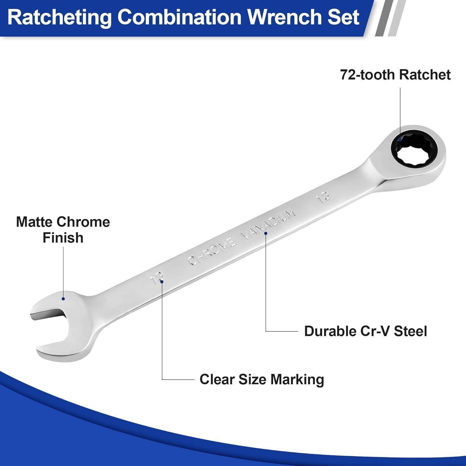 Ratschenringschlüssel-Set umfasst eine 72-Zahn-Ratsche, mit matter Chrom-Oberfläche, deutlicher Größenmarkierung und robustem Chrom-Vanadium-Stahl.