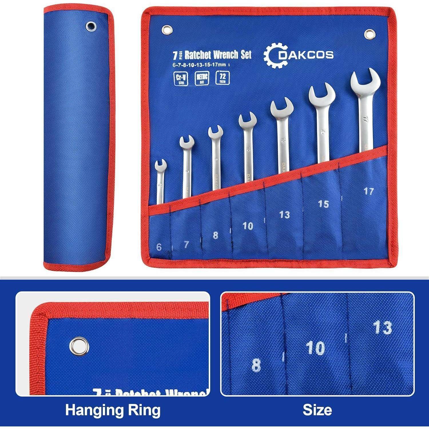 7-teiliges Ratschenschlüssel-Set in einer blau-roten Tasche mit beschrifteten Fächern für Größen 8-17mm. Inklusive Aufhängering.