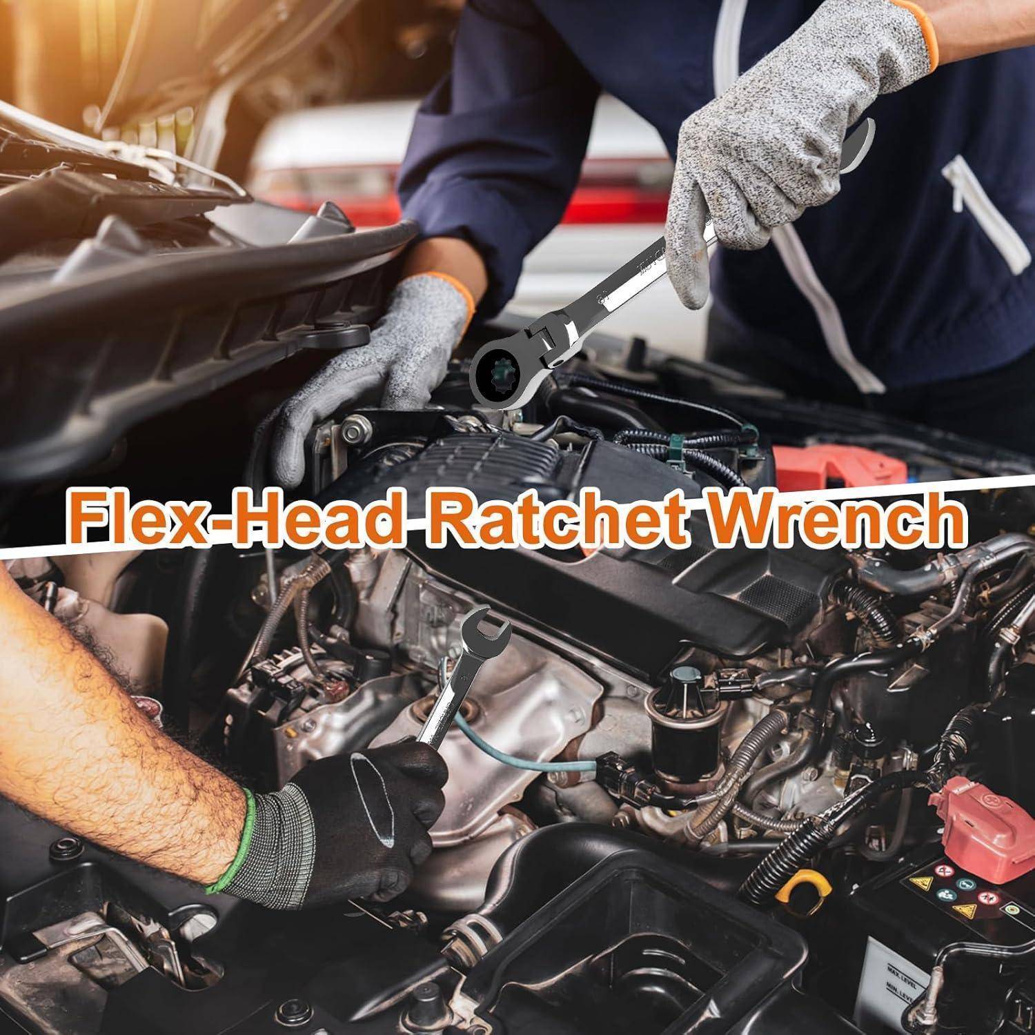 Eine Person, die einen Flex-Kopf-Ratschenschlüssel verwendet, um ein Automotorteil einzustellen. Text lautet: 'Flex-Kopf-Ratschenschlüssel.