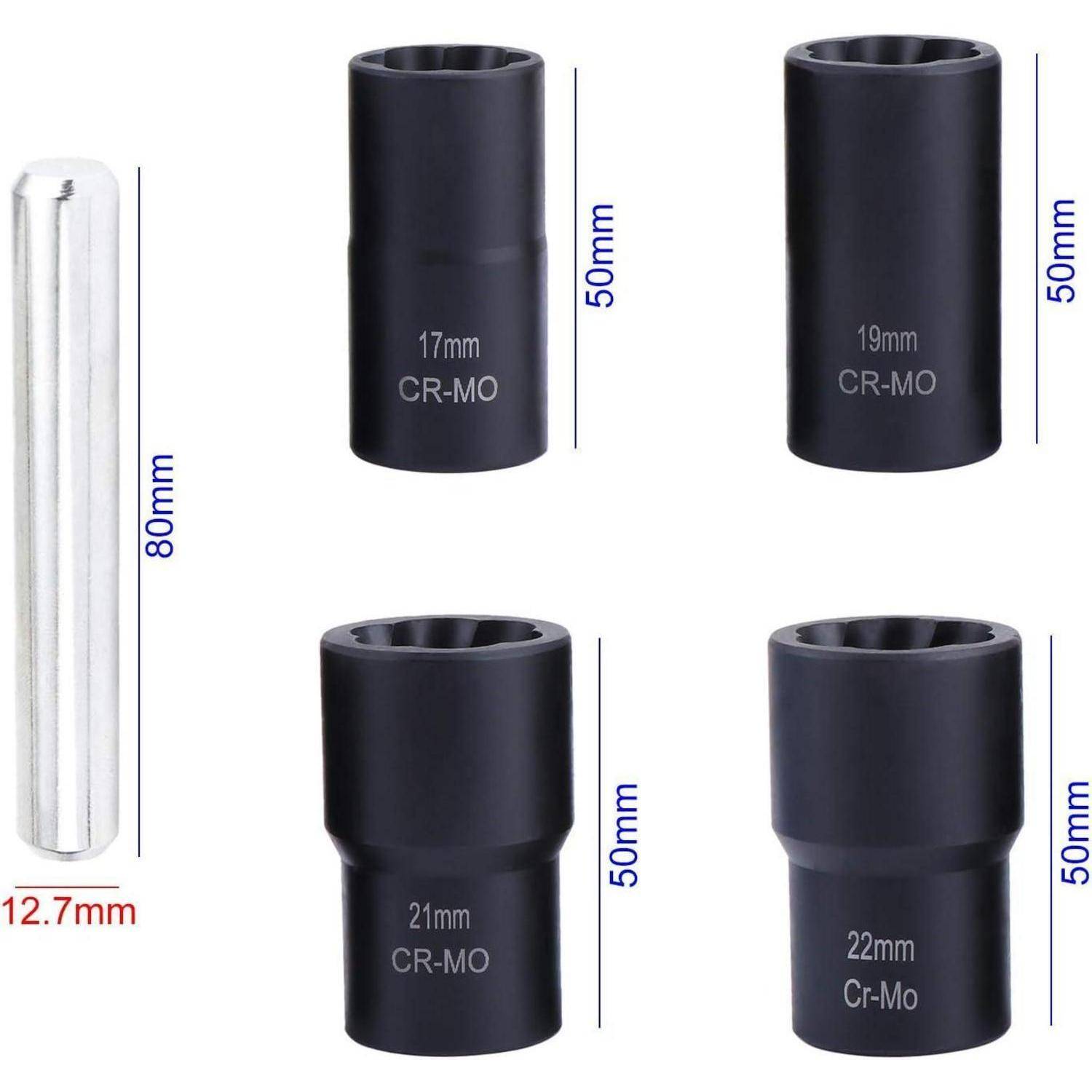 Dreh-Steckschlüssel-Set 1/2-Zoll-Antrieb Ausdreher 17 19 21 22 mm
