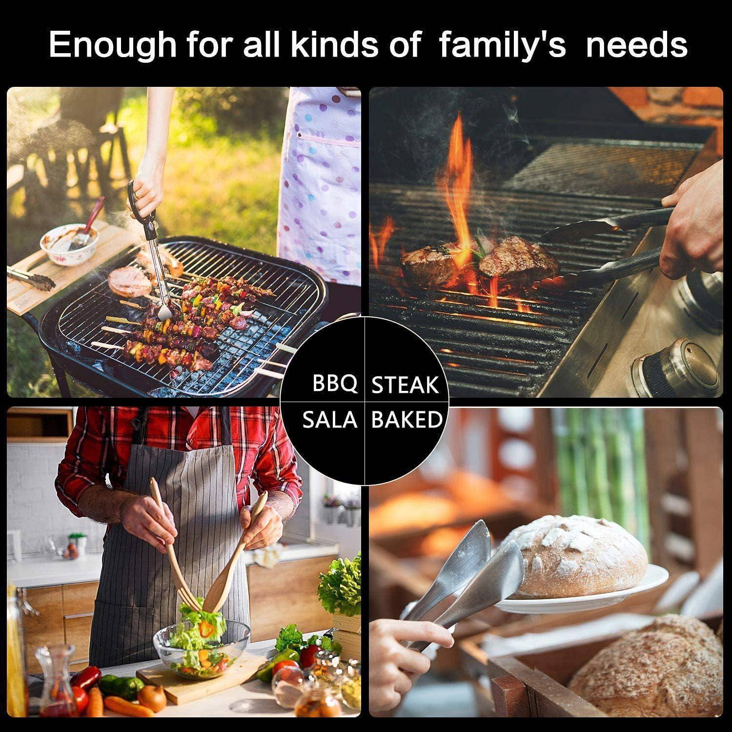 Vier Bilder zeigen verschiedene Kochszenen: Grillkebabs, Steak grillen, Salat mischen und Brot backen. Text lautet: 