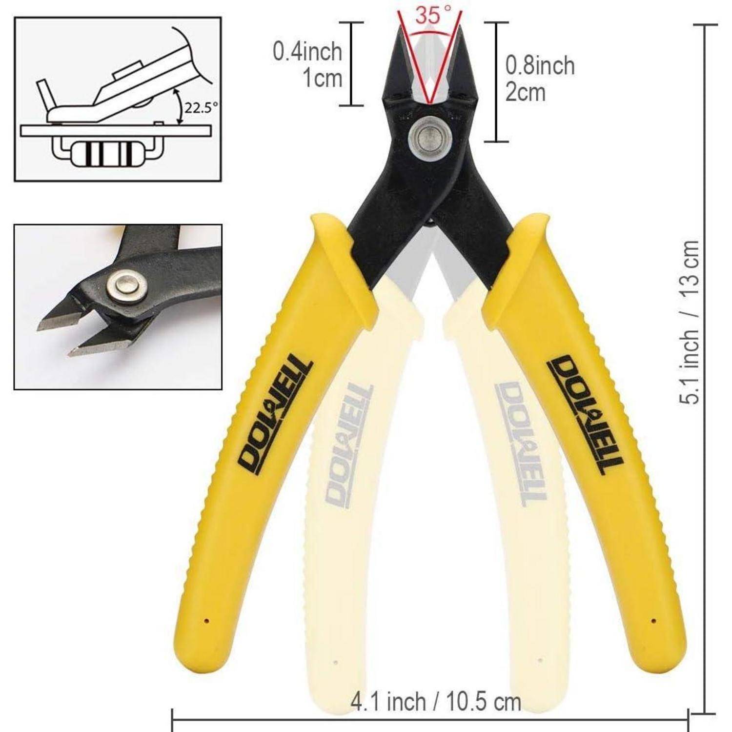 Drahtschneider mit gelben Griffen, Spitzendetail mit Winkeln und Größenmessungen: 0,4 Zoll/1 cm Spitze, 0,8 Zoll/2 cm Kieferlänge, 4,1 Zoll/10,5 cm Breite.