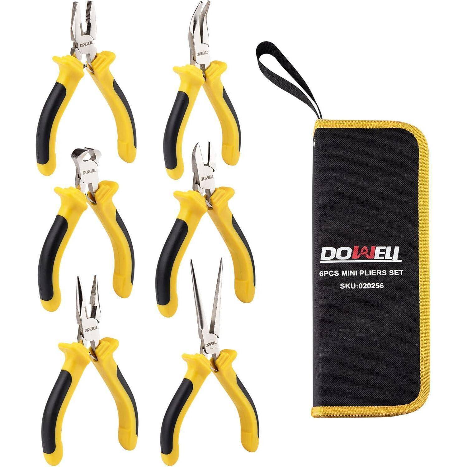 Set von 6 Mini-Zangen mit gelben und schwarzen Griffen neben einem schwarzen Transportkoffer mit der Beschriftung 'DOIAELL 6PCS MINI PLIERS SET SKU:020236'.