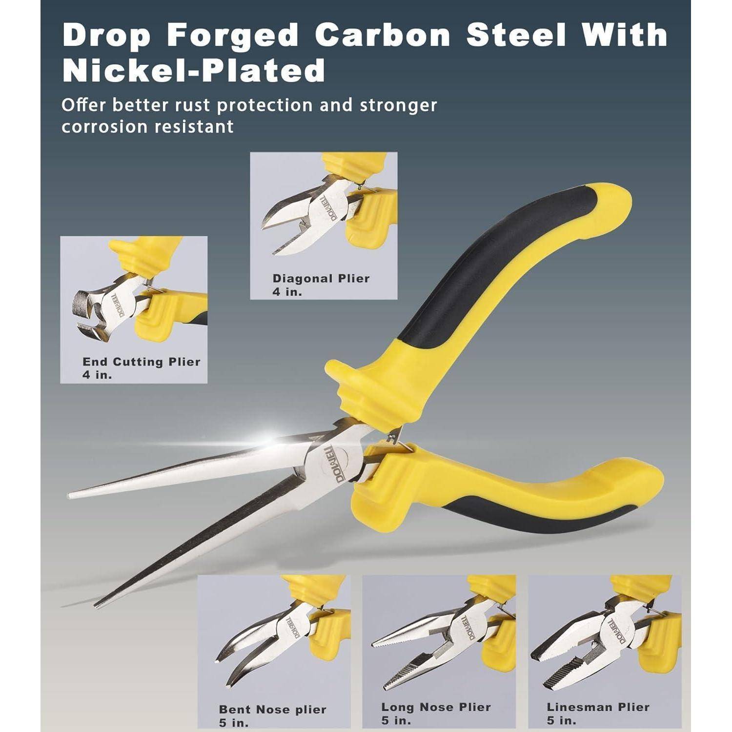 Geschmiedete Zangen aus Kohlenstoffstahl mit Nickel-Beschichtung in gelb und schwarz, in verschiedenen Designs, darunter Seitenschneider, Langspitzzange, Kopfabschnittzange, Winkelzange und Electricienzange.