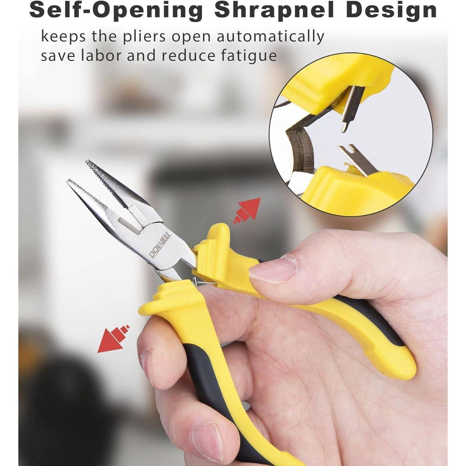 Eine Hand hält gelbe Zange mit einem hervorgehobenen Selbstöffnungs-Splitterdesign, das eine Reduzierung der Ermüdung und des Arbeitsaufwands betont.