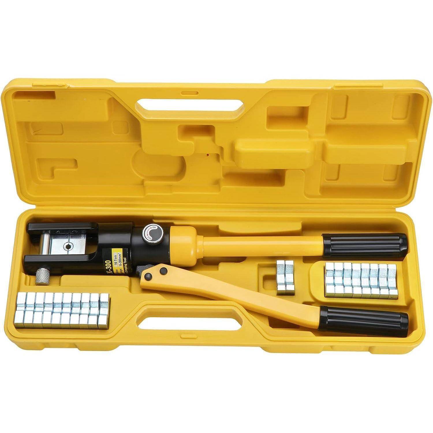 Ein gelber Crimpwerkzeugsatz mit hydraulischer Crimpzange und mehreren Pressbackensätzen in einem gelben Kunststoffkoffer.