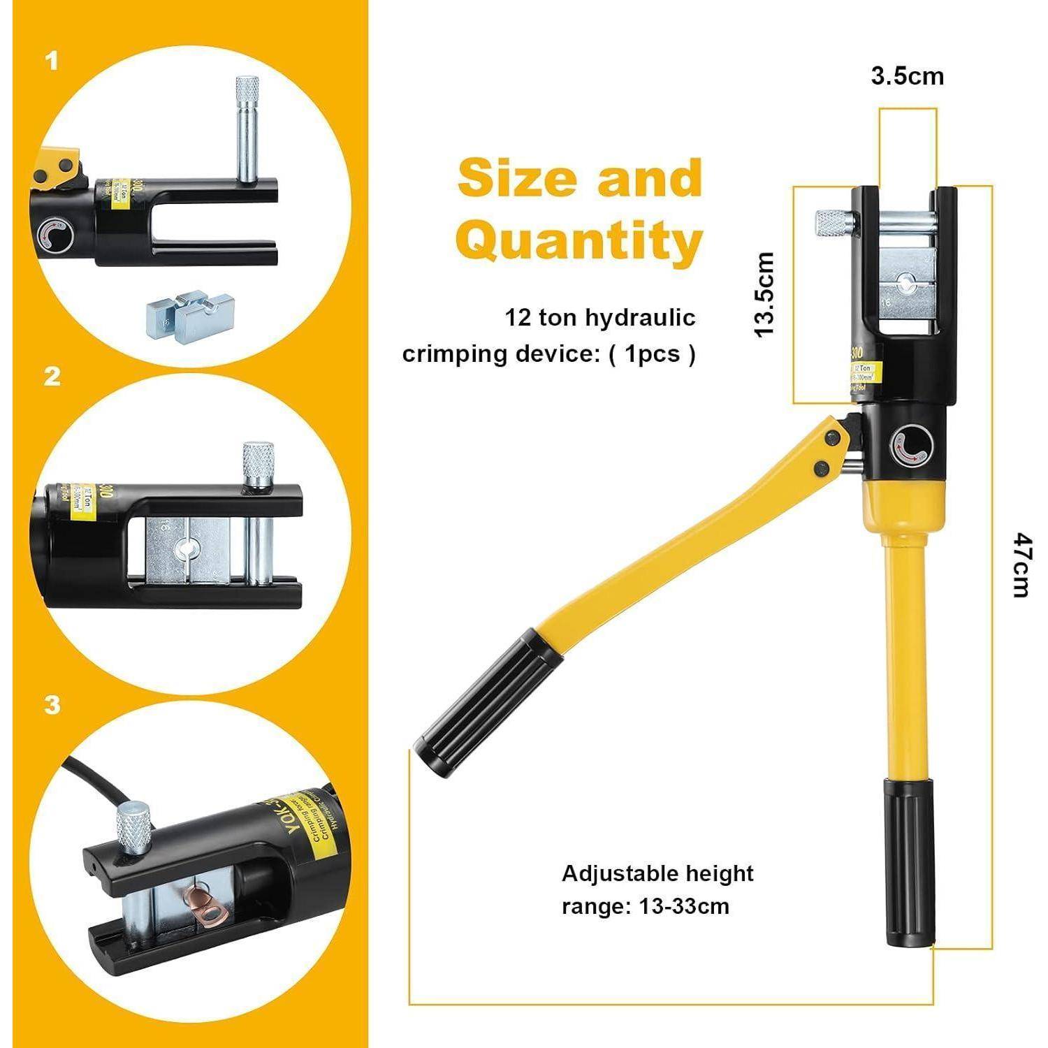 12-Tonnen hydraulische Crimpvorrichtung mit verstellbarem Griff, misst 47 cm in der Höhe und 3,5 cm in der Breite, mit detaillierten Abschnitten dargestellt.