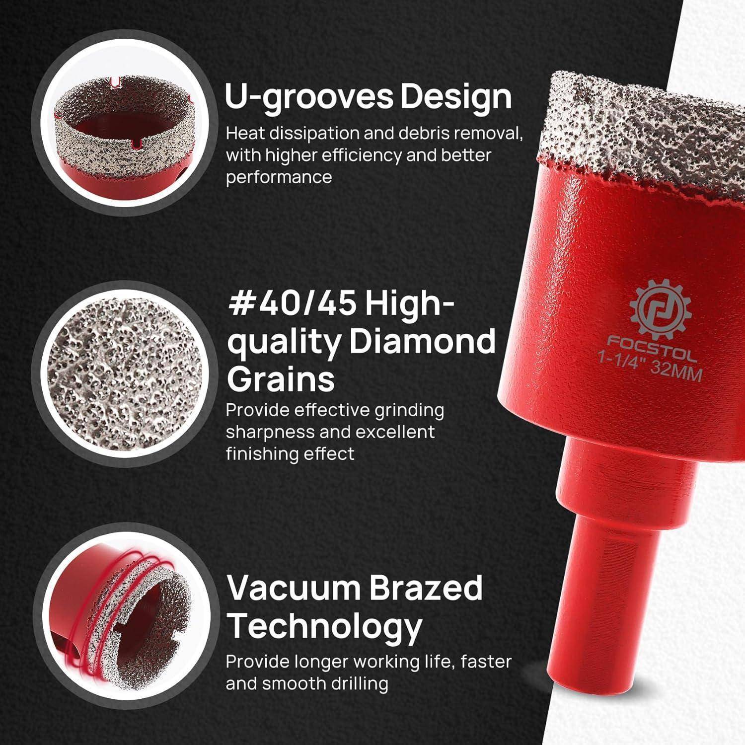 Rotes Lochsägeblatt mit U-Nut-Design, hochwertigen Diamantkörnern und Vakuumlöttechnologie für effizientes Schleifen und Bohren.