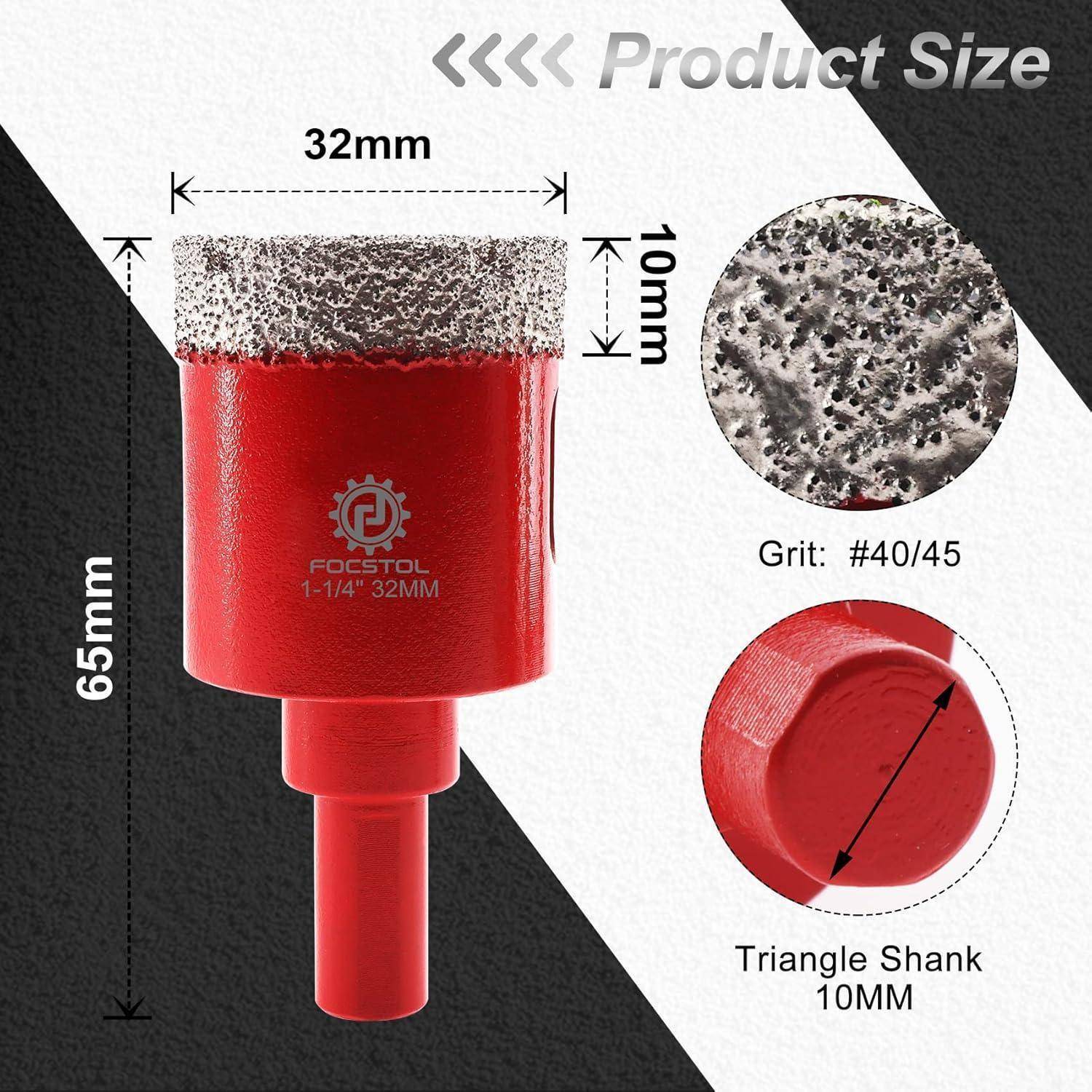Produktgröße: Ein Diamant-Kernbohrer in Rot mit folgenden Abmessungen: 65 mm Länge, 32 mm Durchmesser, 10 mm Tiefe und Dreiecksaufnahme. Körnung: #40/45.
