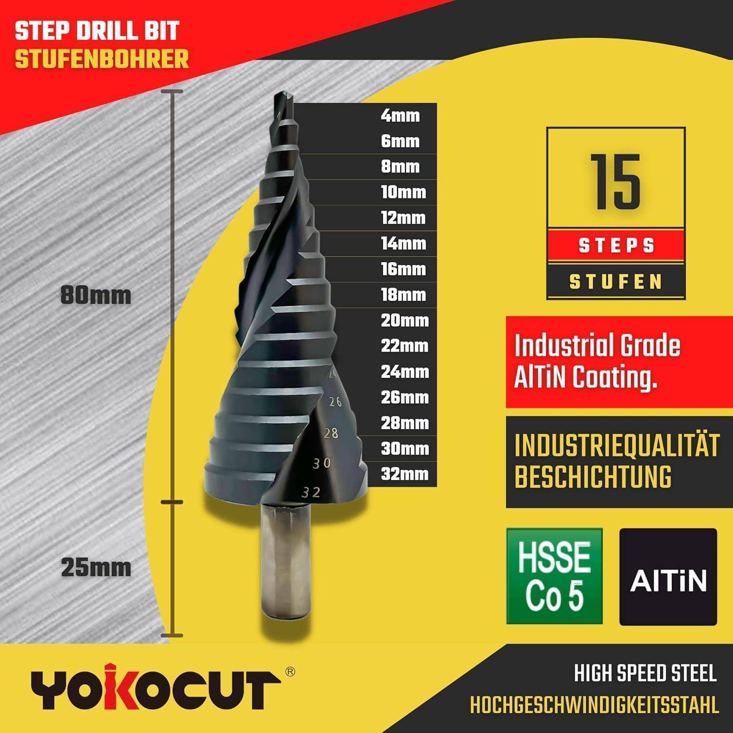 Stufenbohrer 4–32 mm Kobalt AlTiN Beschichtung für Edelstahl