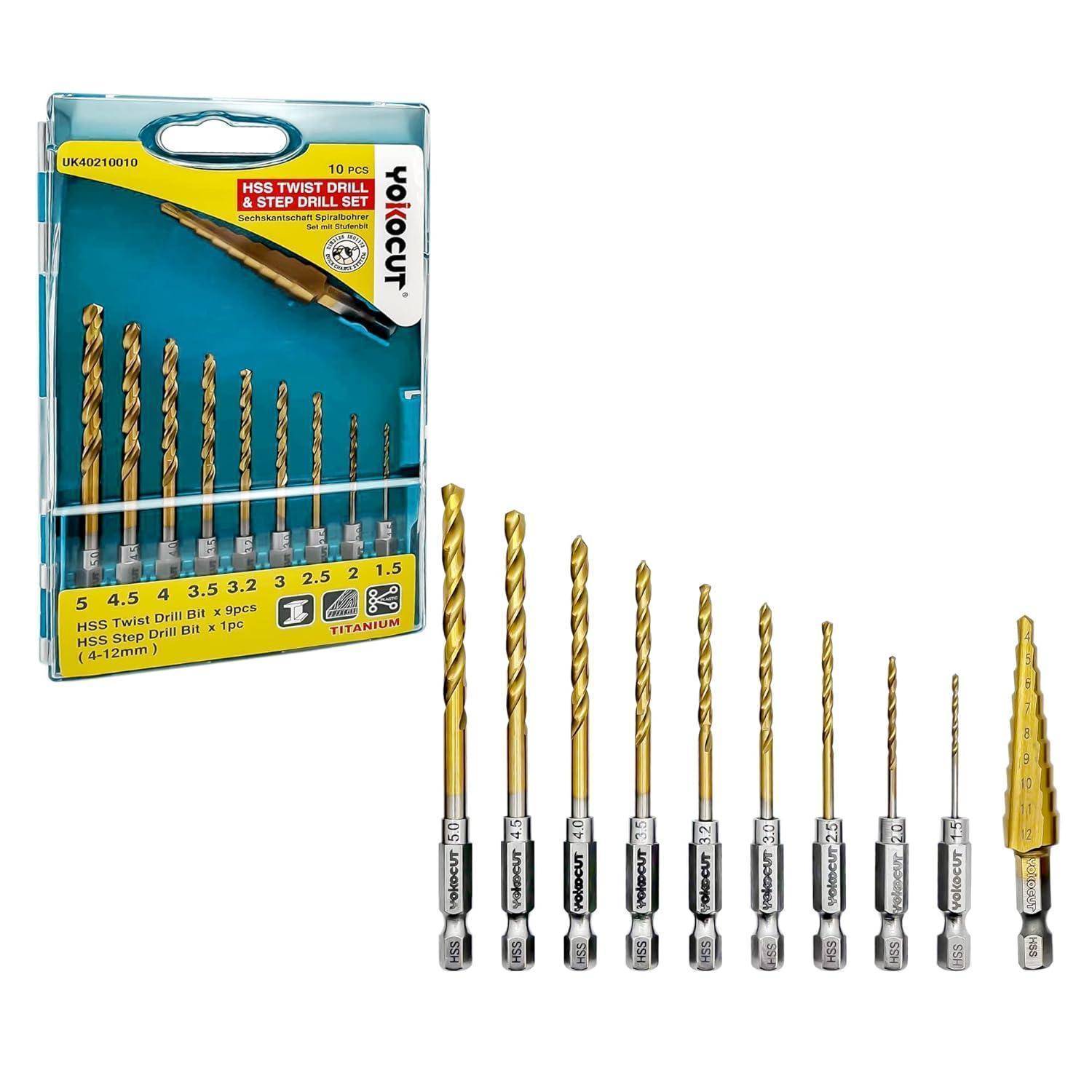 LDK Garden 10-teiliges Titanbohrer-Set mit verschiedenen Größen, einschließlich Spiralbohrer und Stufenbohrer. Geeignet für Metall und Holz.