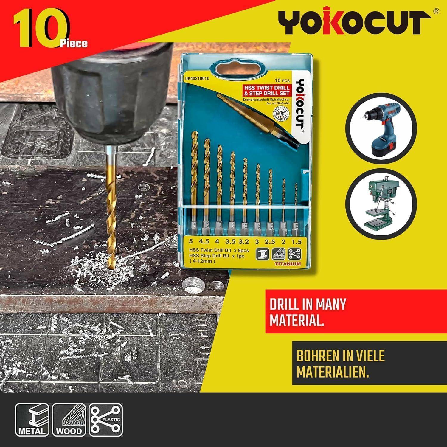 Ein Bohrersatz mit der Bezeichnung '10-teiliges YOKOCUT', das in Metall bohrt. Text lautet: 'Bohren in vielen Materialien' auf Englisch und Deutsch.