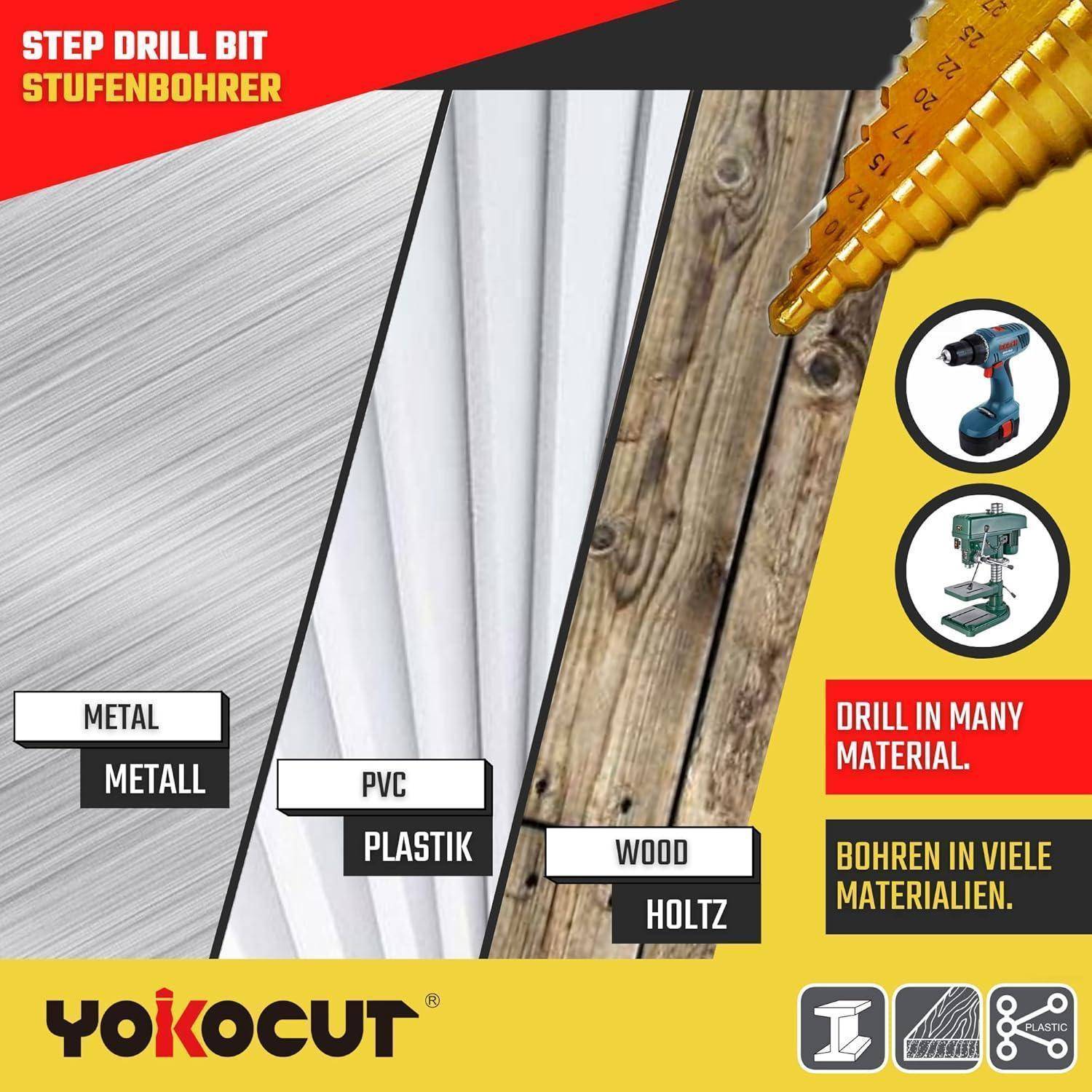 Ein Stufenbohrer mit der Markenbezeichnung 'Yokocut' wird über Materialien präsentiert, die er bohren kann: Metall, PVC, Holz. Begleitet von einem Text, der die Vielseitigkeit hervorhebt.