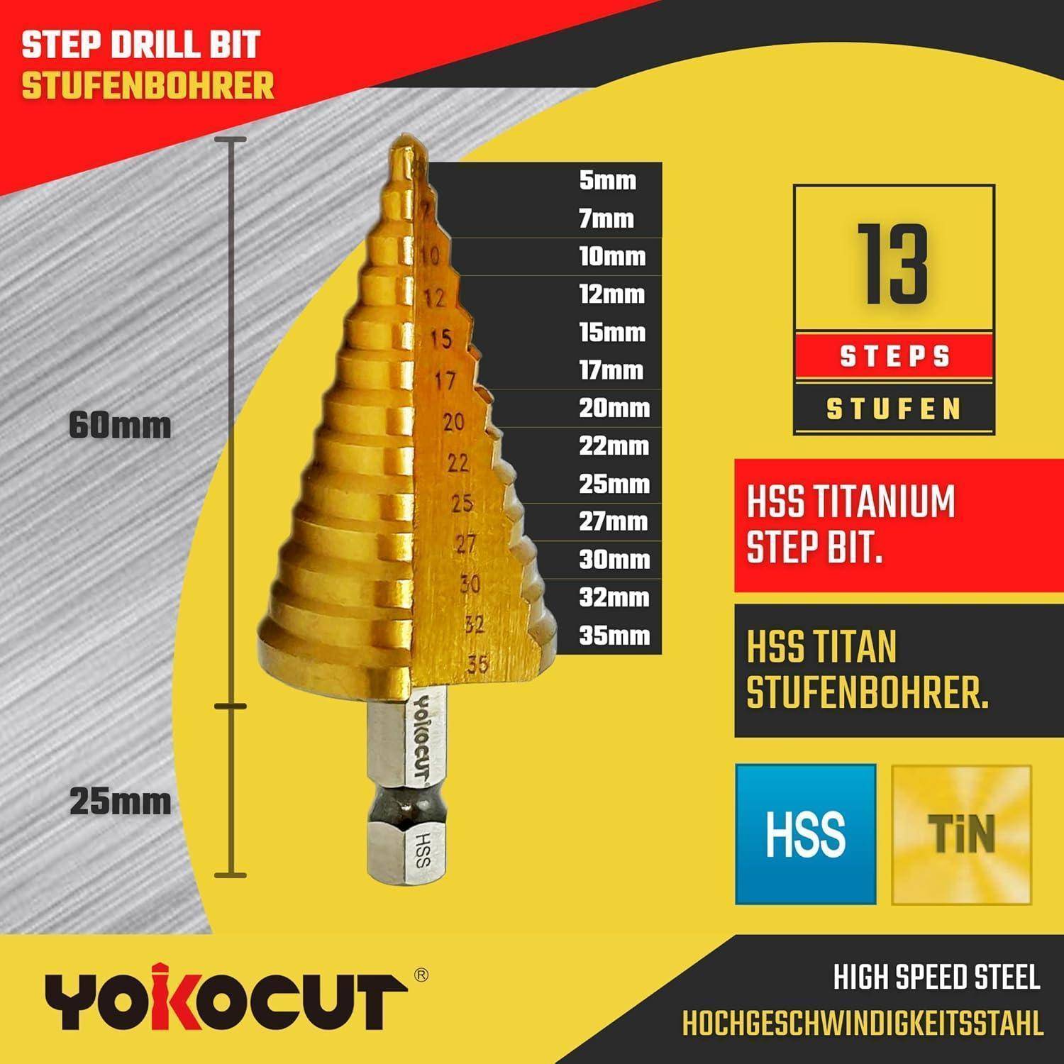 YOKOCUT 13-Stufen-Bohrbitset-Tabelle mit Größen von 4 mm bis 35 mm, ausgestattet mit HSS-Titan für hochgeschwindigkeitsstabilen Stahl.