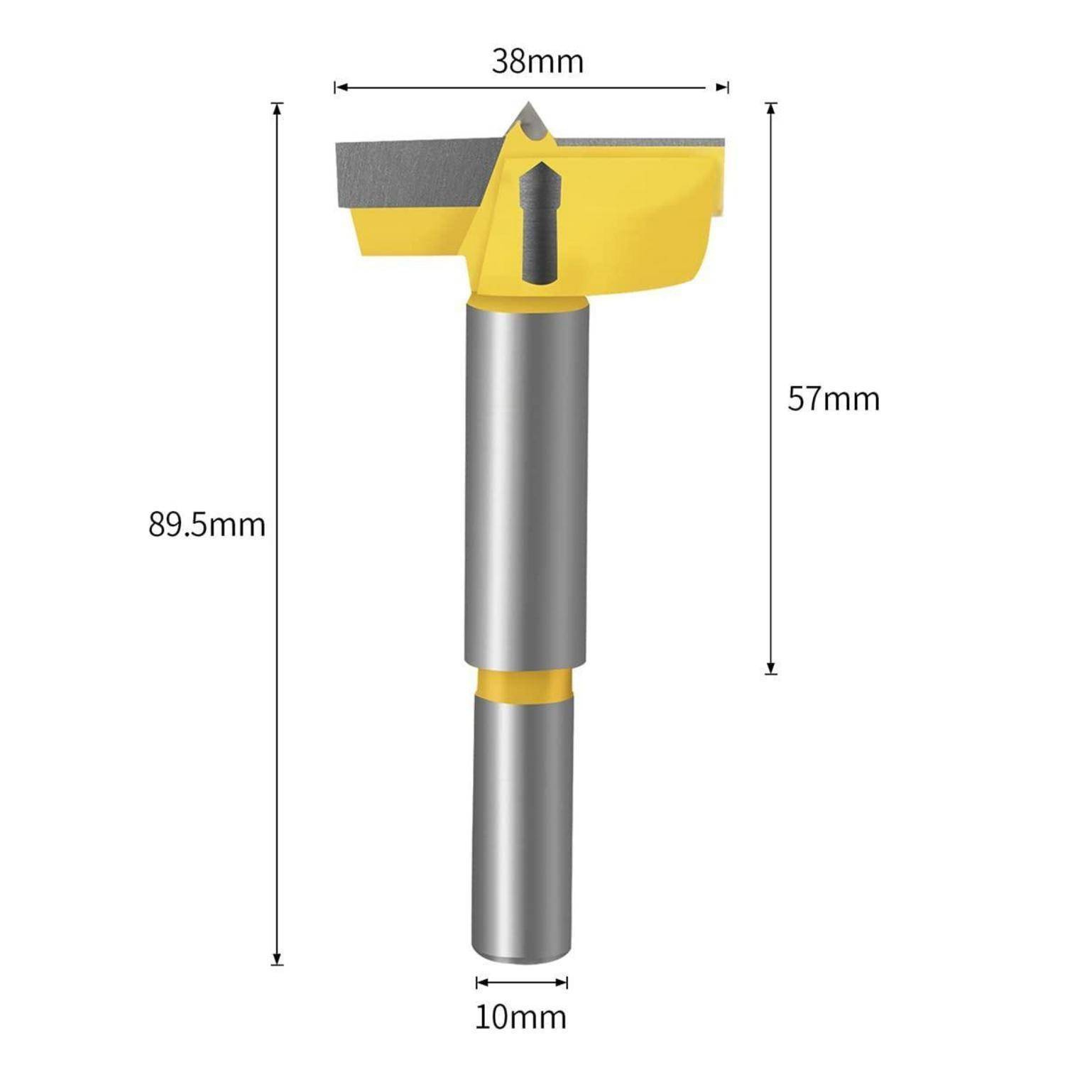 Ein gelber und silberner Holzbearbeitungsbohrer mit den Abmessungen: 89,5 mm Länge, 38 mm Breite und 57 mm Höhe. Der Schaftdurchmesser beträgt 10 mm.