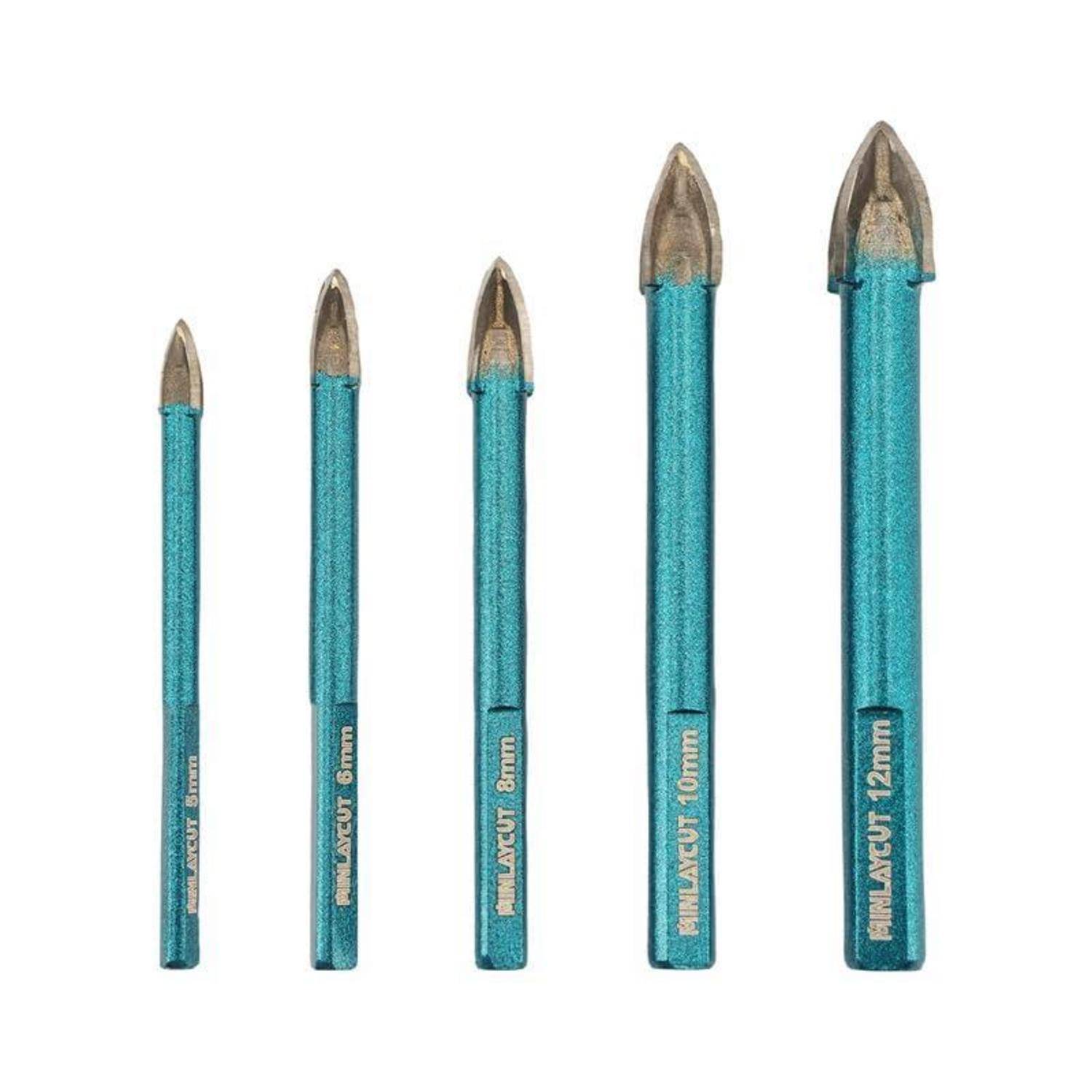 Fünf blaue Diamantbohrer in aufsteigender Größenreihenfolge, beschriftet mit 5mm, 6mm, 8mm, 10mm und 12mm.