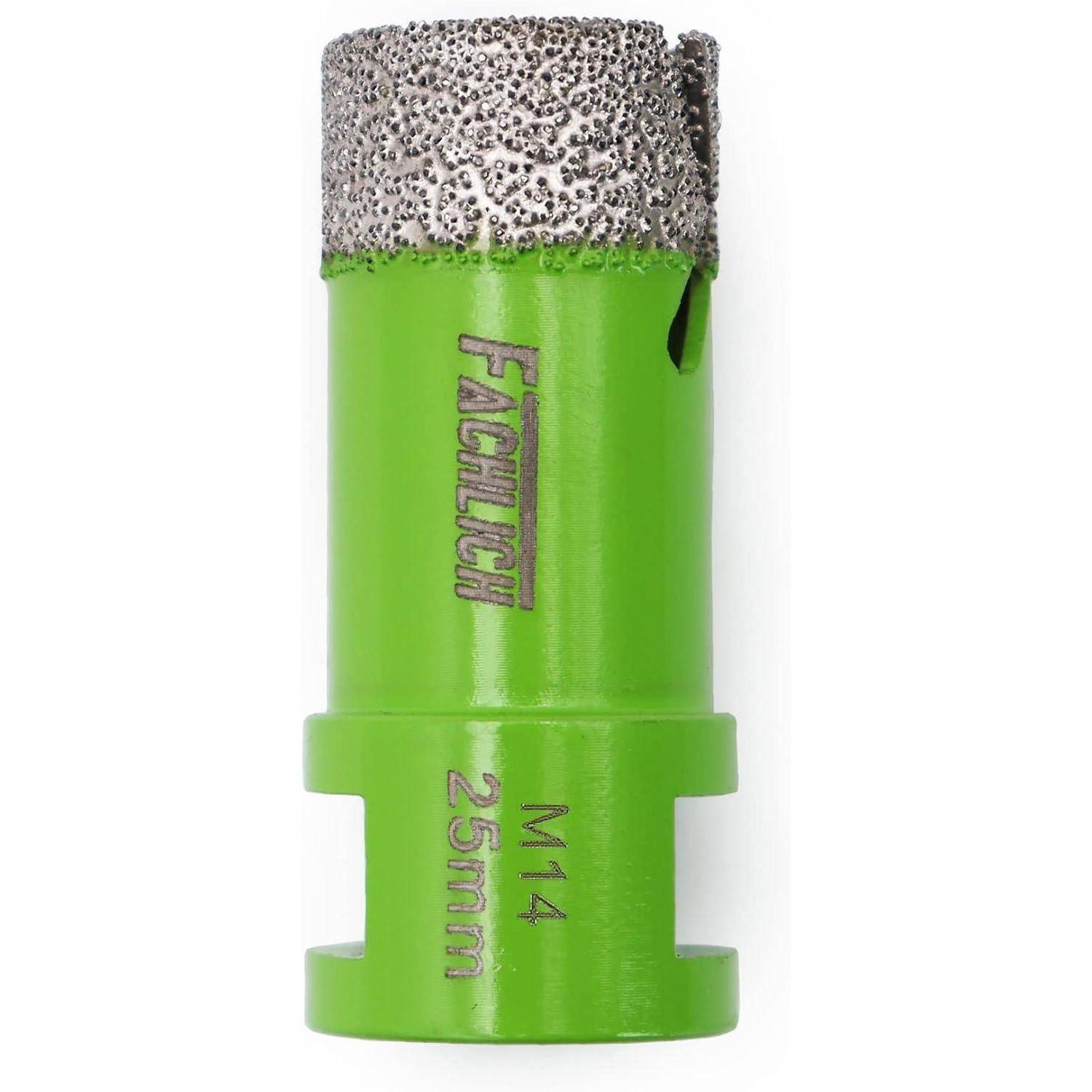 Ein grüner Diamantbohrer mit der Aufschrift 'FACHLICH 25mm M14', der eine grobe, strukturierte Spitze zum Durchbohren harter Materialien aufweist.