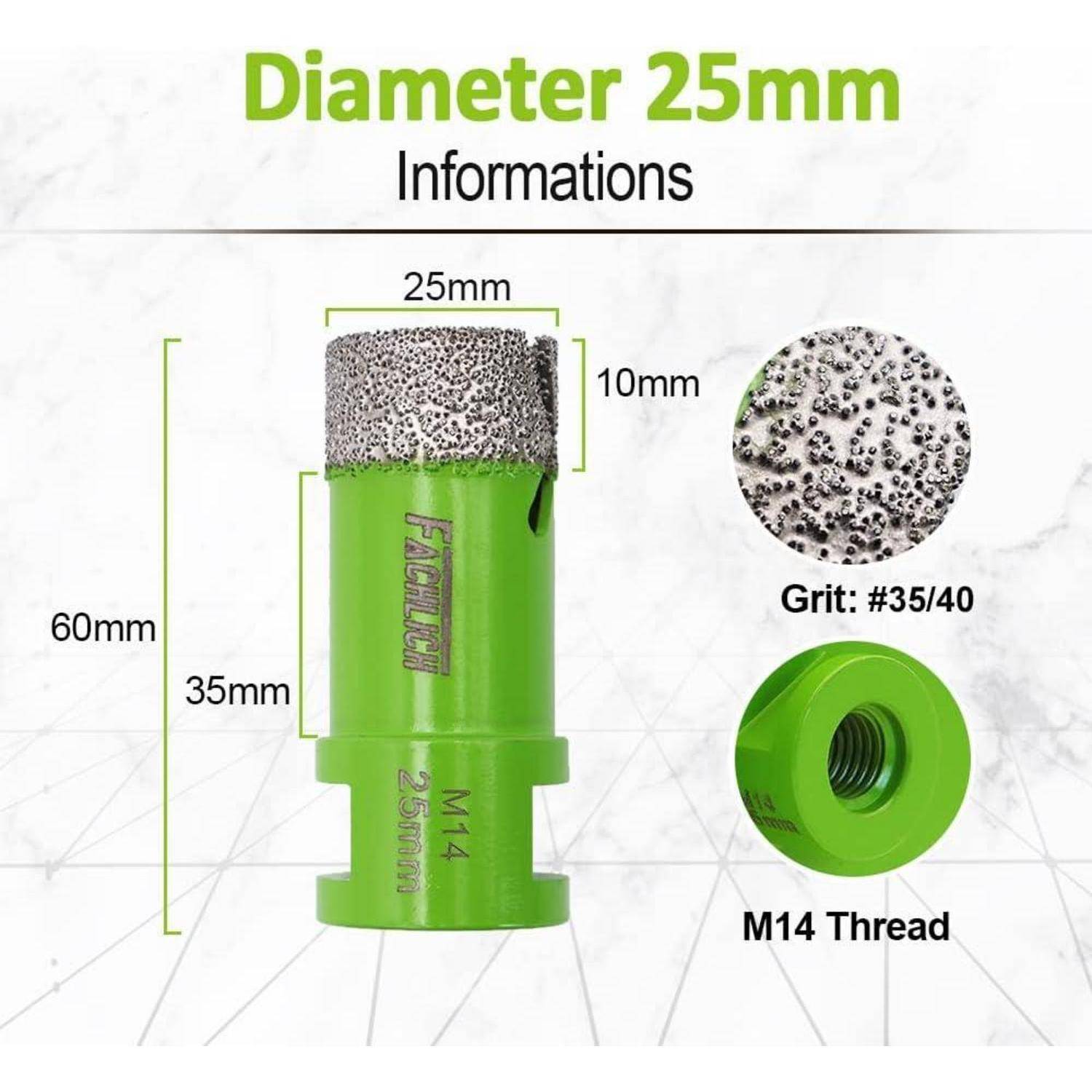 Grüner Diamantbohrer, 25 mm Durchmesser, 60 mm Höhe, M14-Gewinde. Korngröße: #35/40. Angegebene Abmessungen: 25 mm Länge, 10 mm Breite.