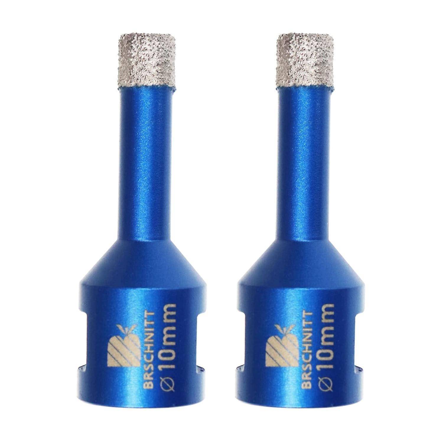 Zwei blaue 10-mm-Diamantbohrer für Glas und Fliesen, mit Logo und Maßangabe, die aufrecht vor einem weißen Hintergrund stehen.