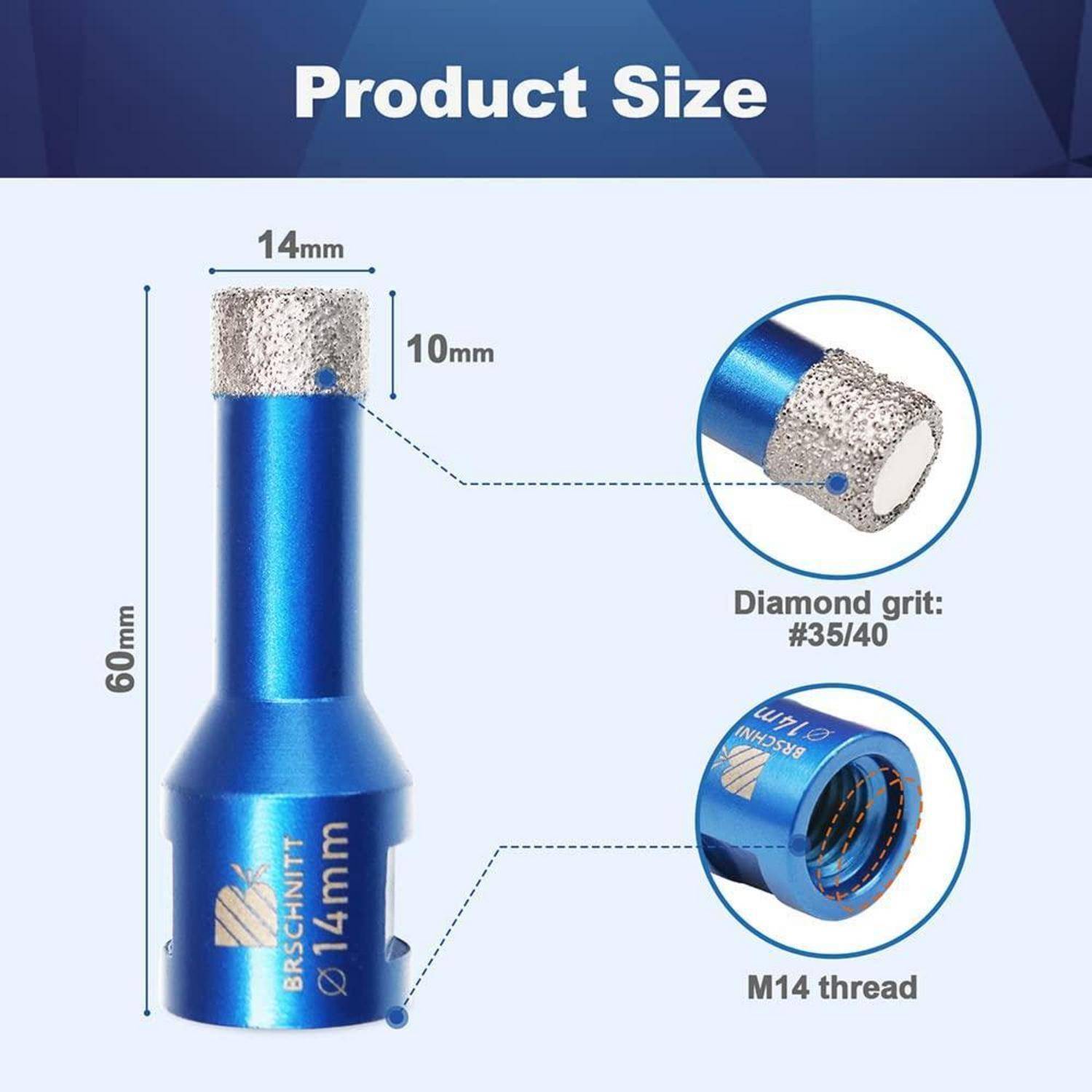 Das Bild zeigt einen blauen 14-mm-Bohrer mit Diamantkorngröße #35/40 und M14-Gewinde. Abmessungen: 60 mm Höhe, 14 mm Durchmesser am oberen Ende, 10 mm Kornlänge.