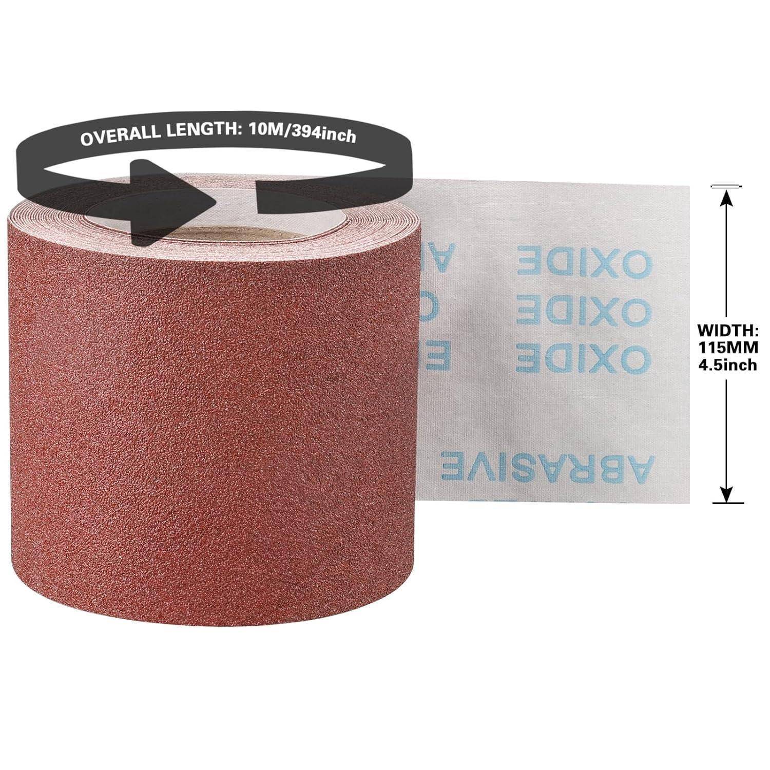 Eine Rolle Schleifpapier mit einer angegebenen Länge von 10m/394 Zoll und einer Breite von 115mm/4,5 Zoll, die ihre Textur und Rückseite zeigt.