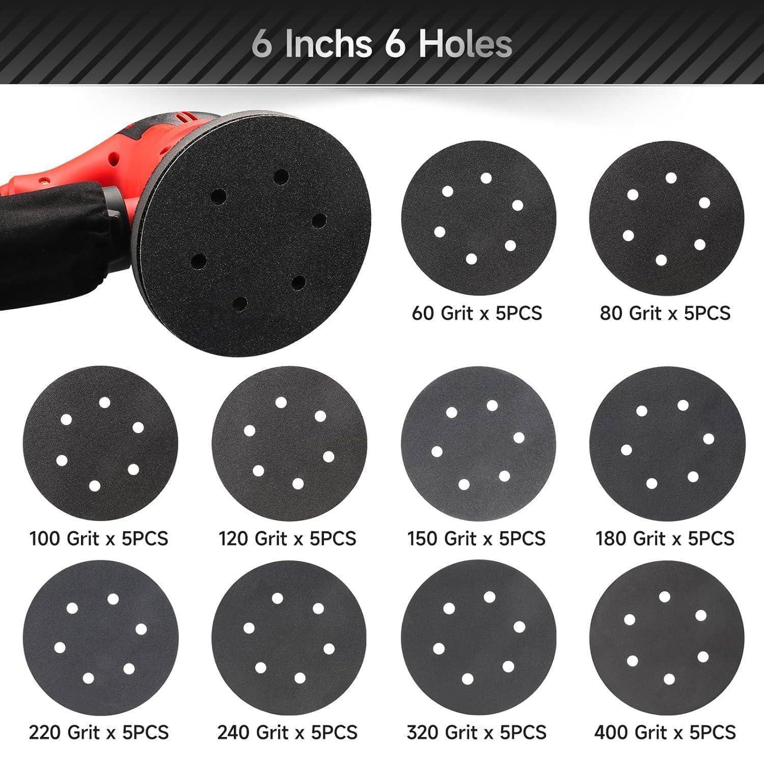 6 Zoll 6-Loch Schleifscheiben' Bild mit einer Vielzahl von Körnungen: 60, 80, 100, 120, 150, 180, 220, 240, 320, 400, jeweils in 5er-Packungen.