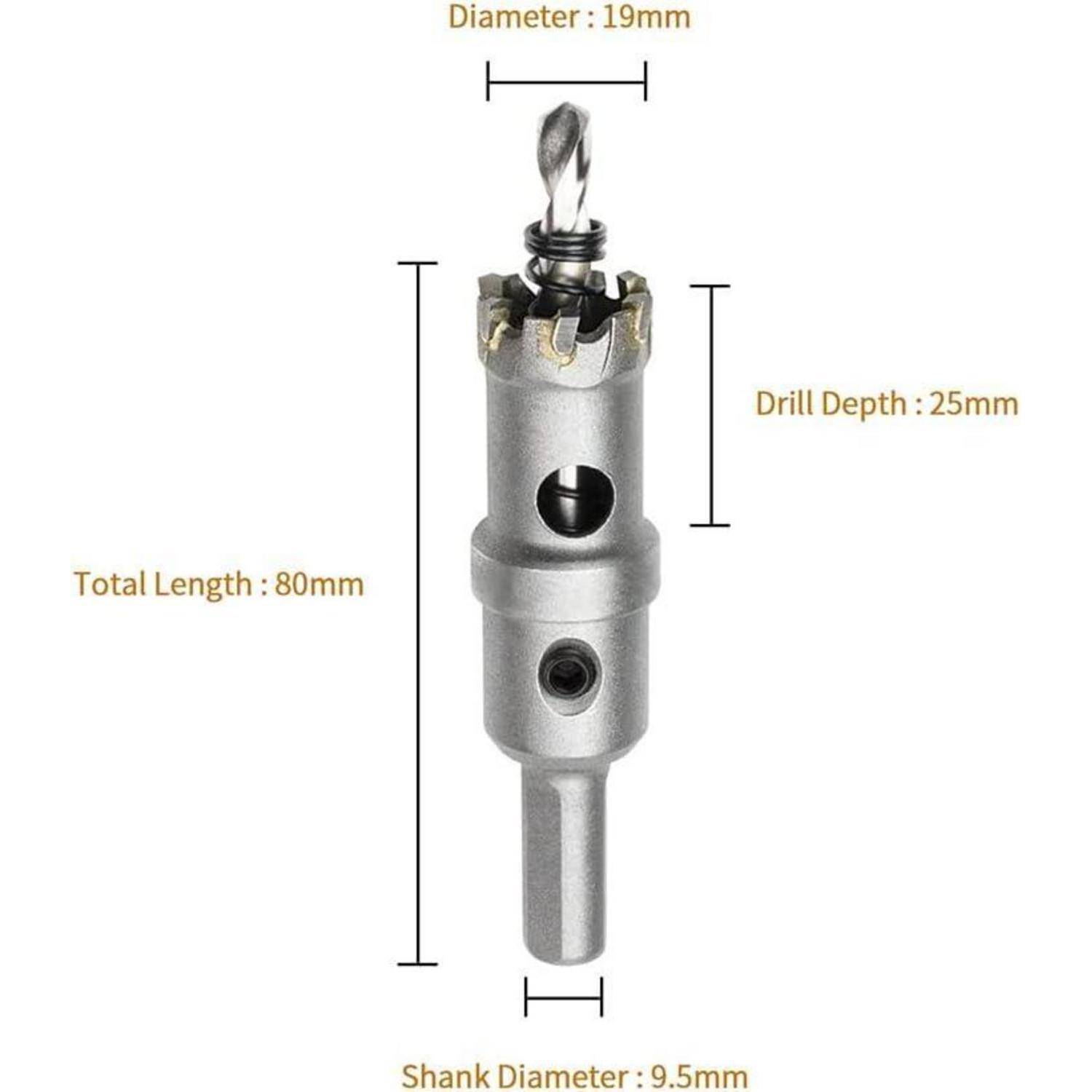 Ein Silber-Lochsägeaufsatz mit 80 mm Gesamtlänge, 19 mm Durchmesser und 25 mm Bohrtiefe, verfügt über einen Spiralbohrer in der Mitte für präzise Schnitte.