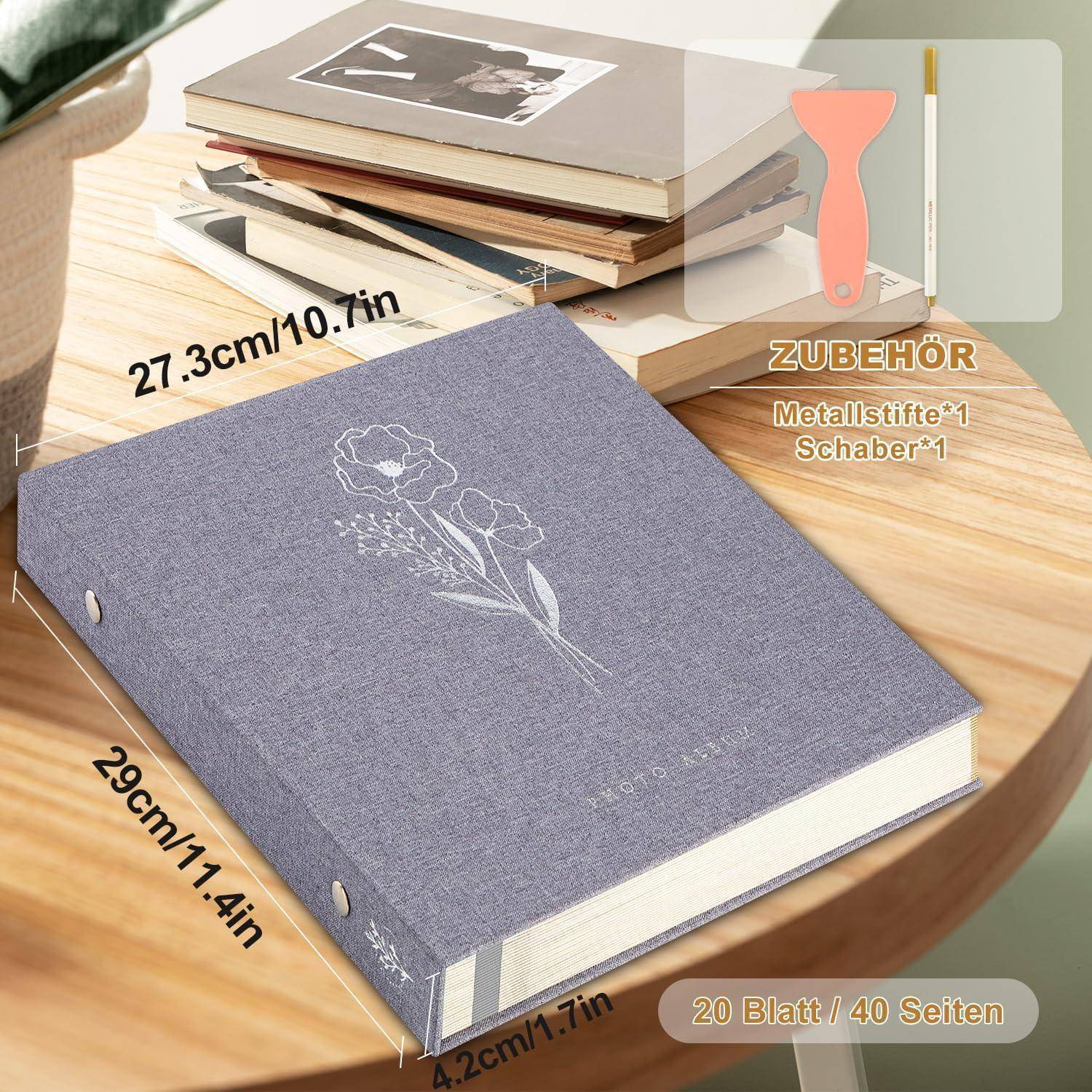 Fotoalbum selbstklebend Leinen 29x27,3x6,2 cm, 40 Seiten Grau
