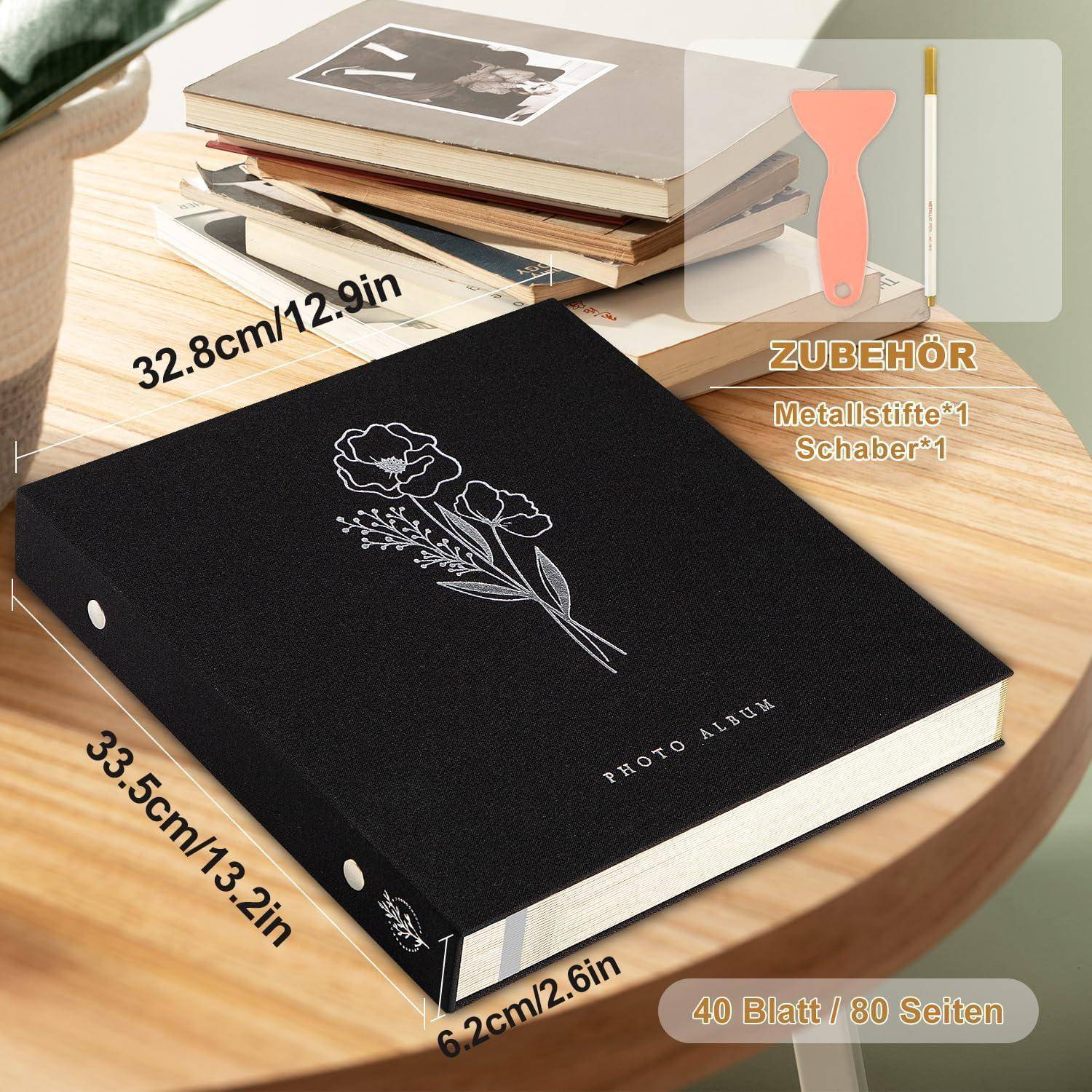 Fotoalbum Selbstklebend Scrapbook 33,5x32,8x6,2 cm, 80 Seiten Schwarz