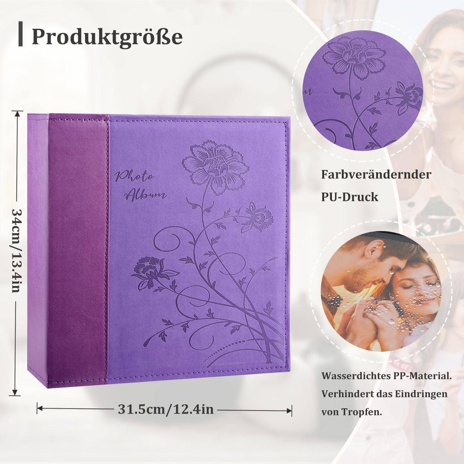 Der Abschnitt ‚Produktgröße' zeigt ein Fotoalbum mit den Maßen 34 cm x 31,5 cm und einem farbwechselnden PU-Druck, umgeben von dekorativen Elementen. Das wasserabweisende PP-Material verhindert das Eindringen von Flüssigkeiten.