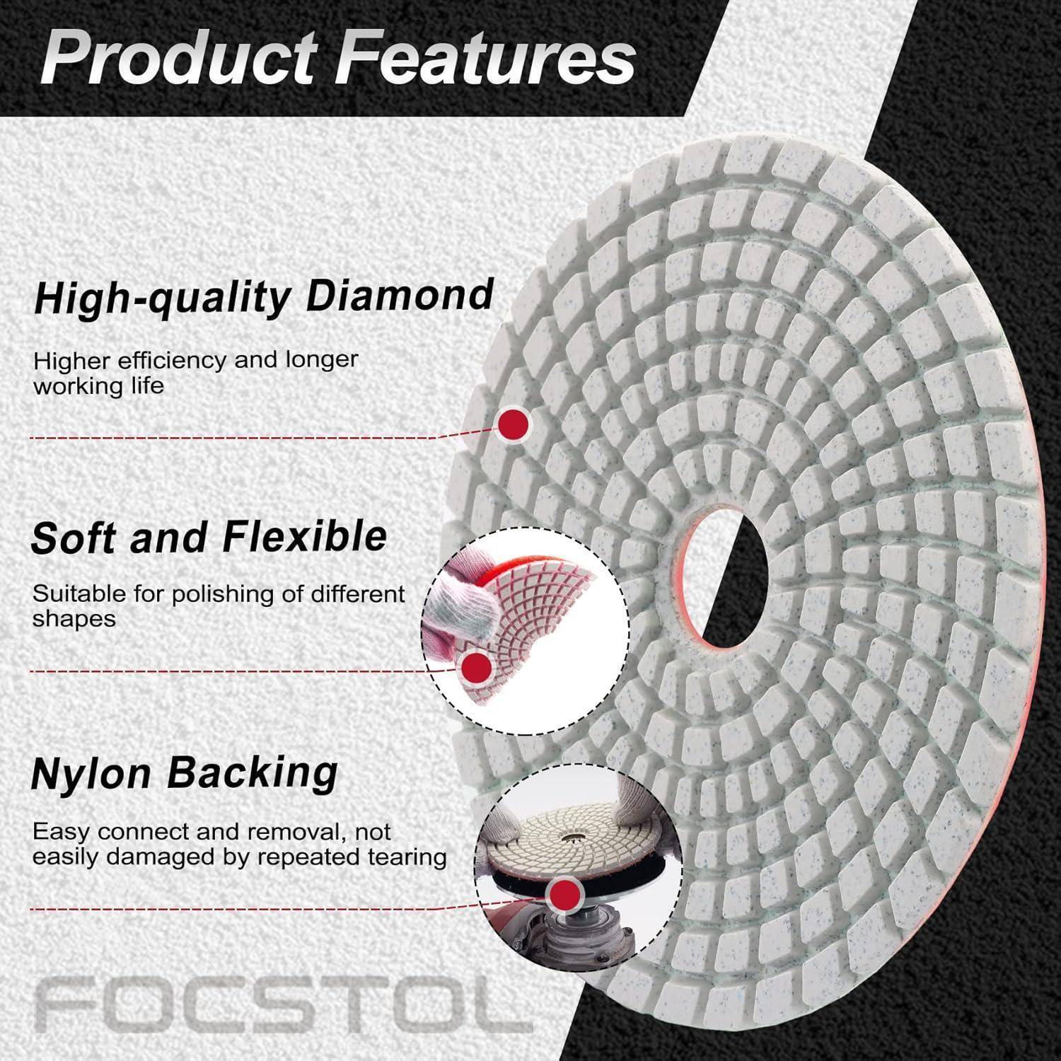 Produktmerkmale' Bild zeigt eine Diamantpolierscheibe mit Beschreibungen: 'Hochwertige Diamanten', 'Weich und flexibel', 'Nylon-Rücken'.