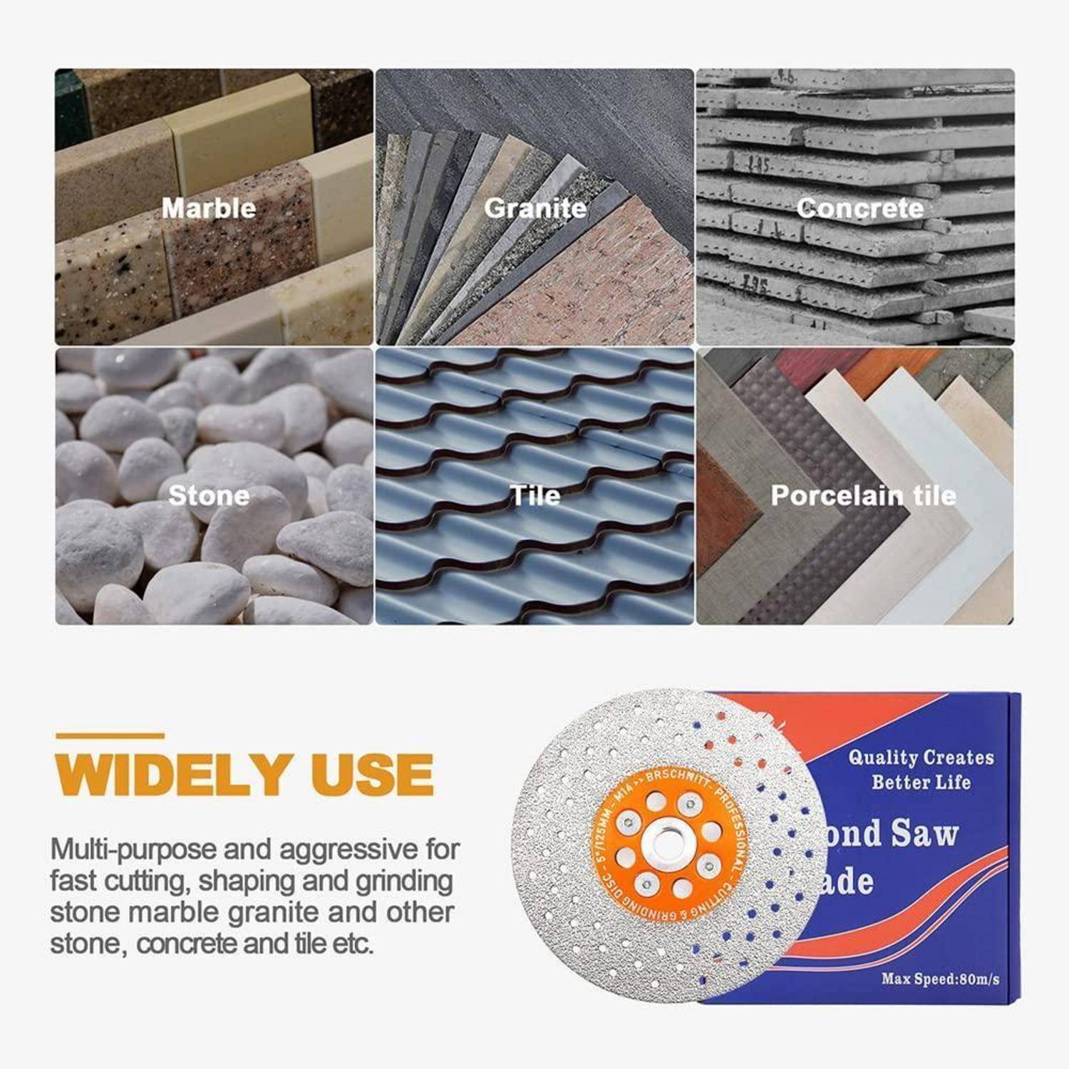 Bild zeigt verschiedene Materialien wie Marmor, Granit, Beton, Stein, Fliesen und Porzellan. Text hebt die Verwendung von Sägeblättern zum Schneiden dieser Materialien hervor.