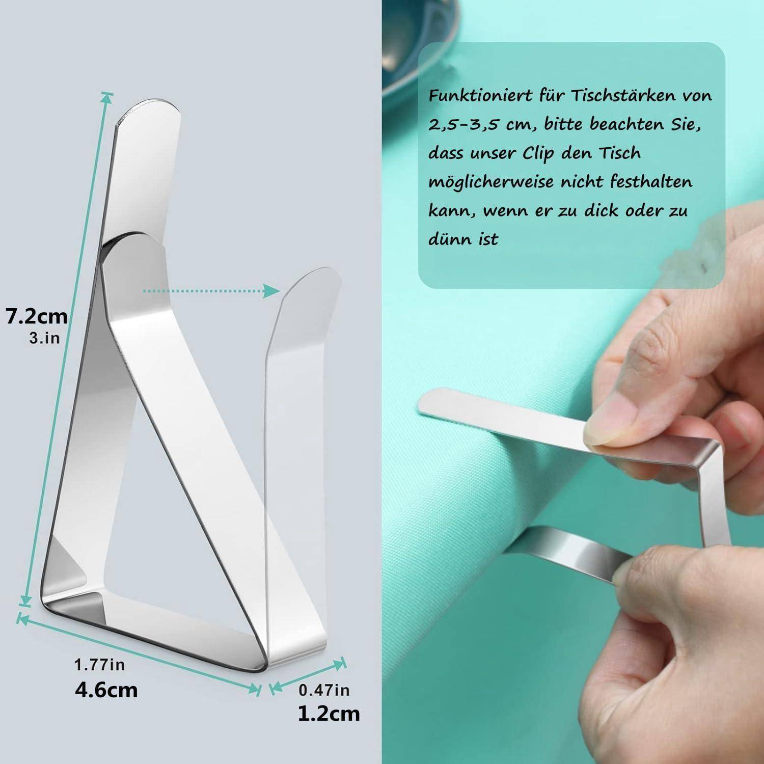 Eine silberne Tischklemme wird mit Maßen von 7,2 cm x 4,6 cm x 1,2 cm vorgestellt, die Tischdicken von 2,5-3,5 cm passt.
