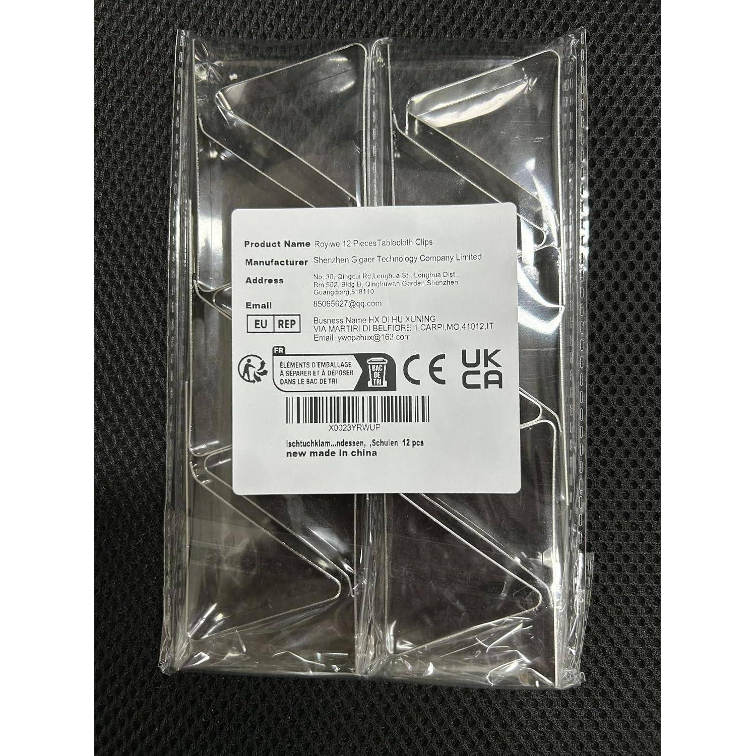 Packung mit 12 Dreiecksklammern in transparenter Verpackung mit Produkt- und Herstellerinformationen, die auf einem Etikett gedruckt sind.