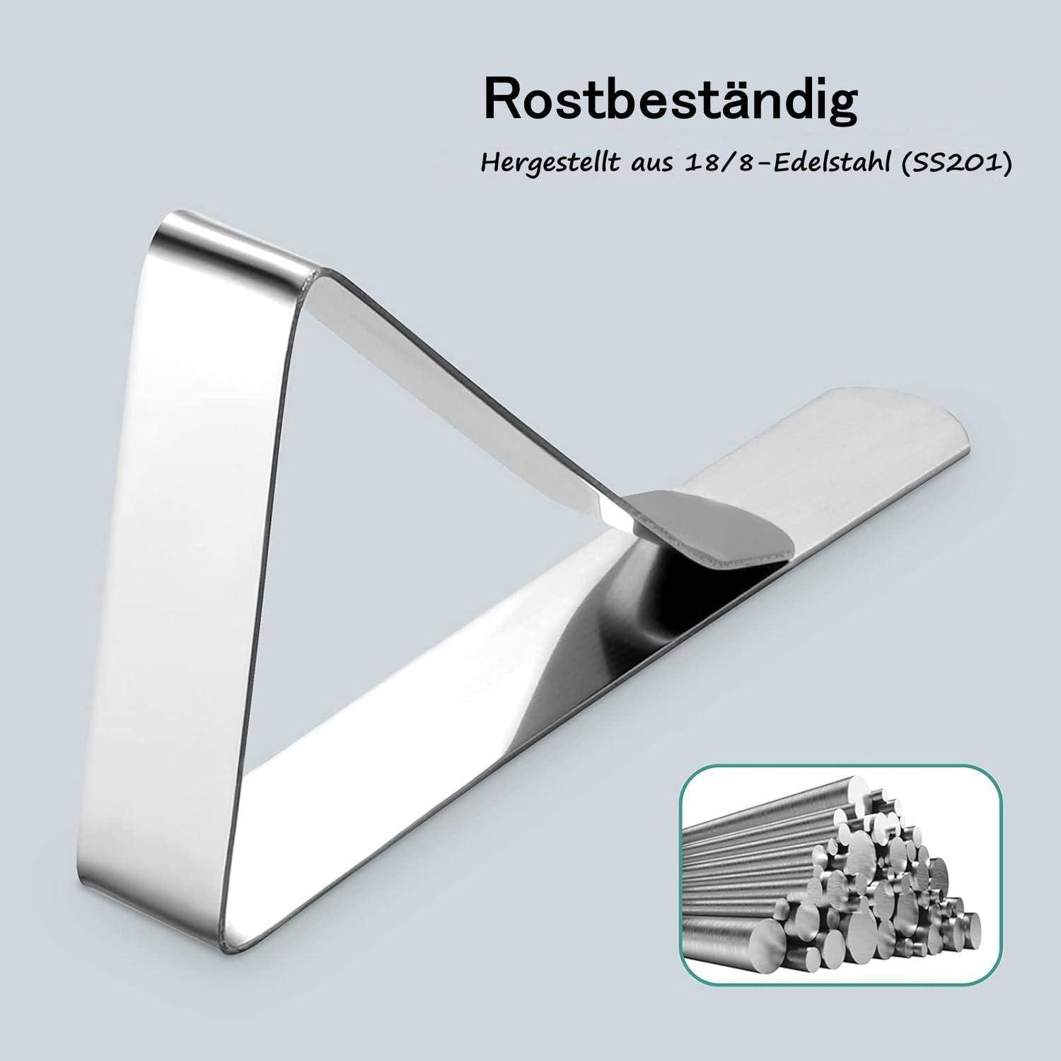 Ein Edelstahl-Material mit einem rostfreien Design in Silberfarbe wird präsentiert. Unten rechts sind gestapelte Metallstangen zu sehen. Text: Rostbeständig.
