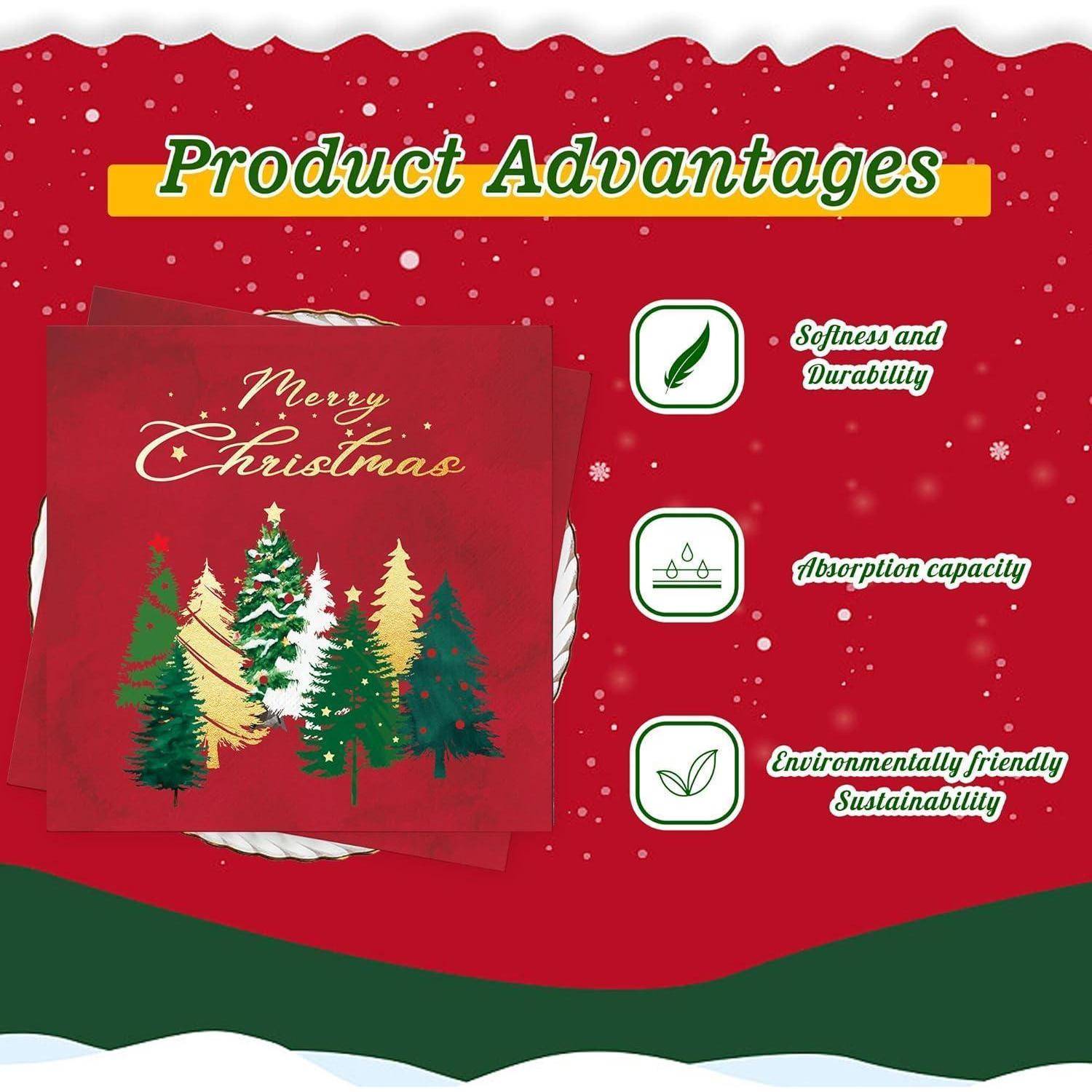 Weihnachtliche Servietten mit Baumdesign. Text: 'Produktvorteile' mit Hervorhebung von 'Weichheit und Haltbarkeit', 'Absorptionsfähigkeit', 'Umweltfreundlichkeit'.