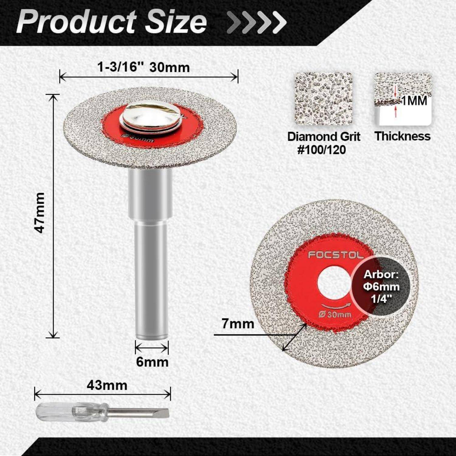 Diamant-Schleifscheibe Produktbild mit Abmessungen: 47 mm Höhe, 30 mm Durchmesser, 6 mm Basisbreite. Merkmale #100/120 Körnung, 1 mm Dicke.
