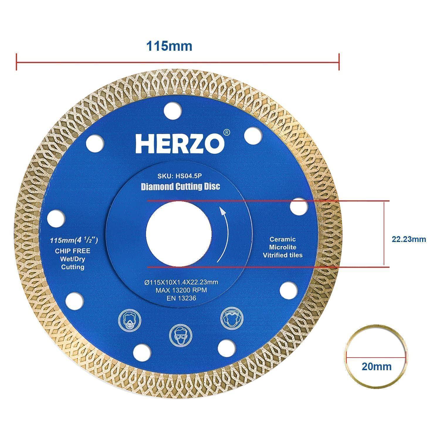Eine runde, blaue Diamant-Trennscheibe der Marke 'HERZO' für Keramik und Feinsteinzeug, mit Abmessungen von 115 mm Durchmesser und 22,23 mm Aufnahmeöffnung.